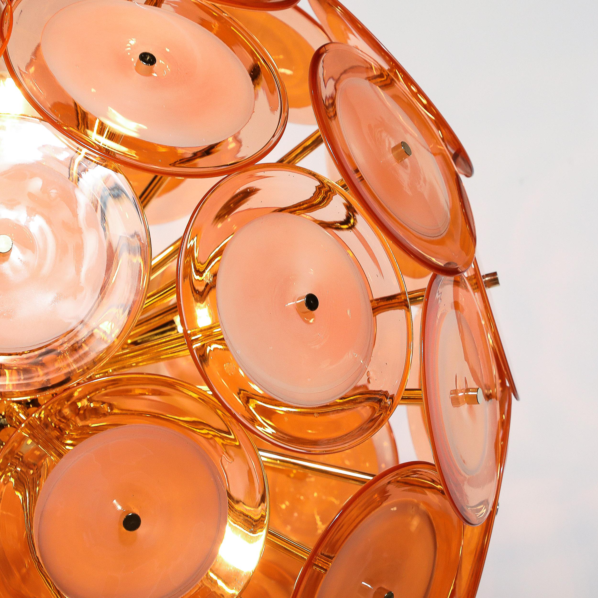 Lustre moderniste à disques en verre de Murano soufflé à la main en abricot fumé en vente 1