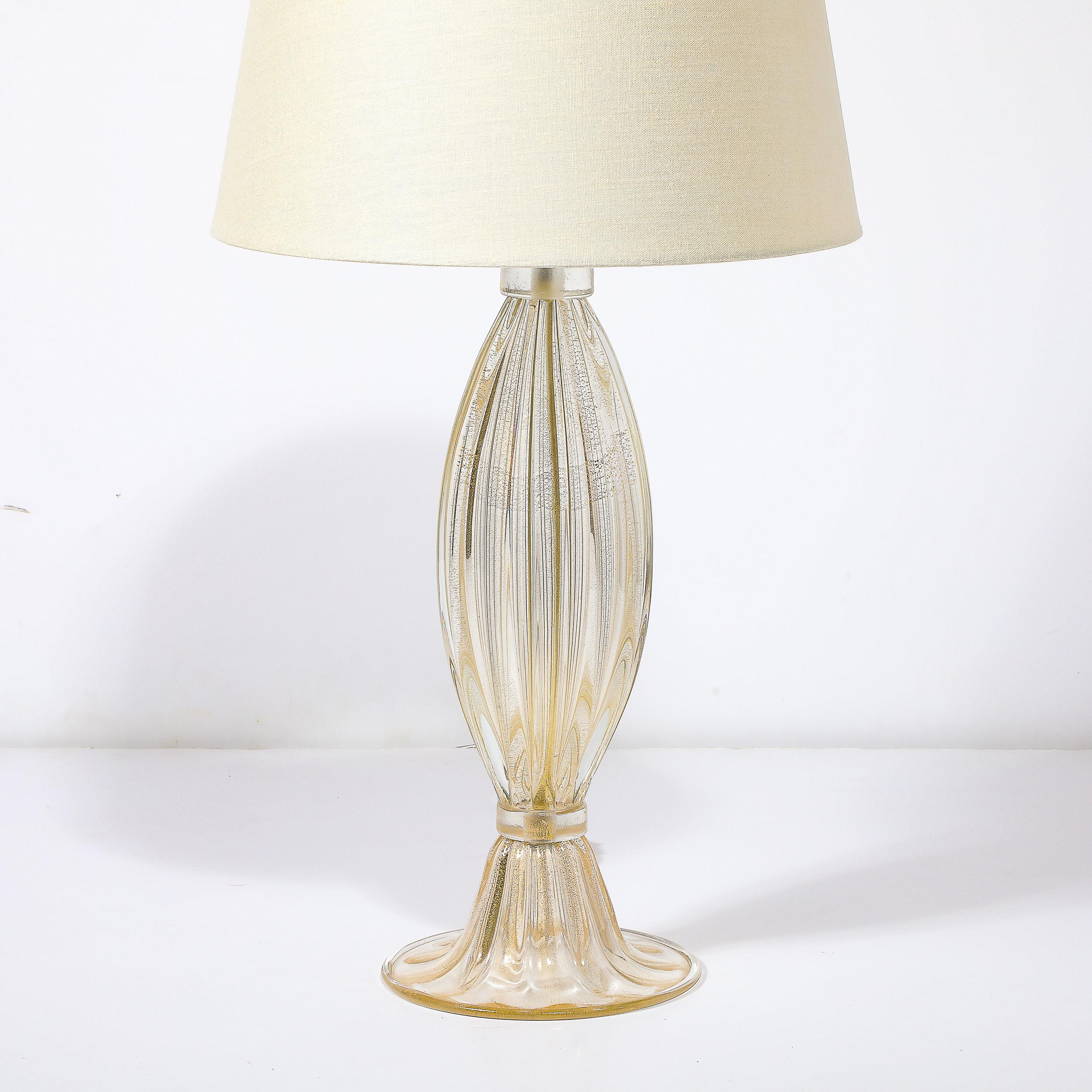 Italian Modernist Hand-Blown Murano Glass Fluted Table Lamps W/ 24K Gold Fleck Detailing