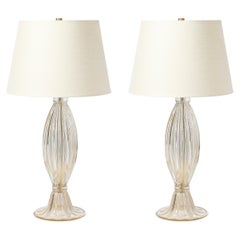 Modernist Hand-Blown Murano Glass Fluted Table Lamps W/ 24K Gold Fleck Detailing
