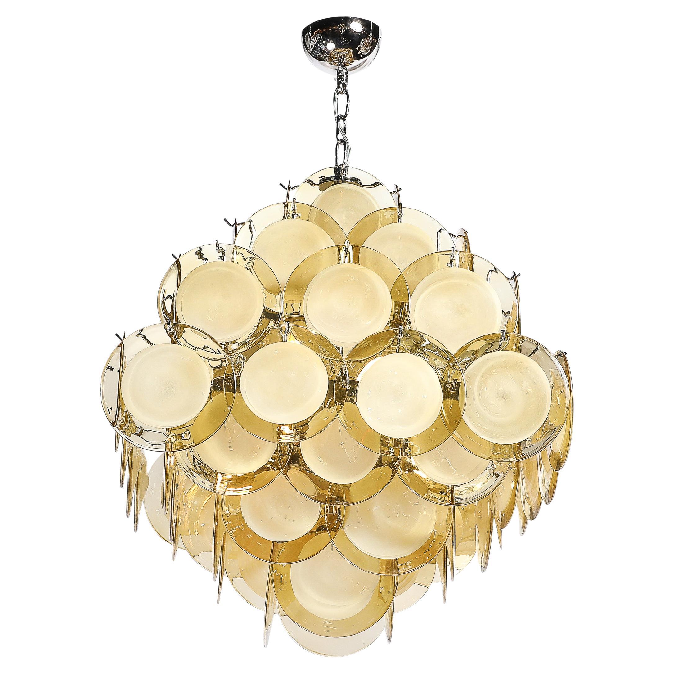 Modernist Hand-Blown Murano Glass Pagoda Form Disc Chandelier in Citrine Hue
