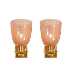 Modernist Hand-Blown Murano Glass Pulegoso Sconces in Smoked Rose & Brass