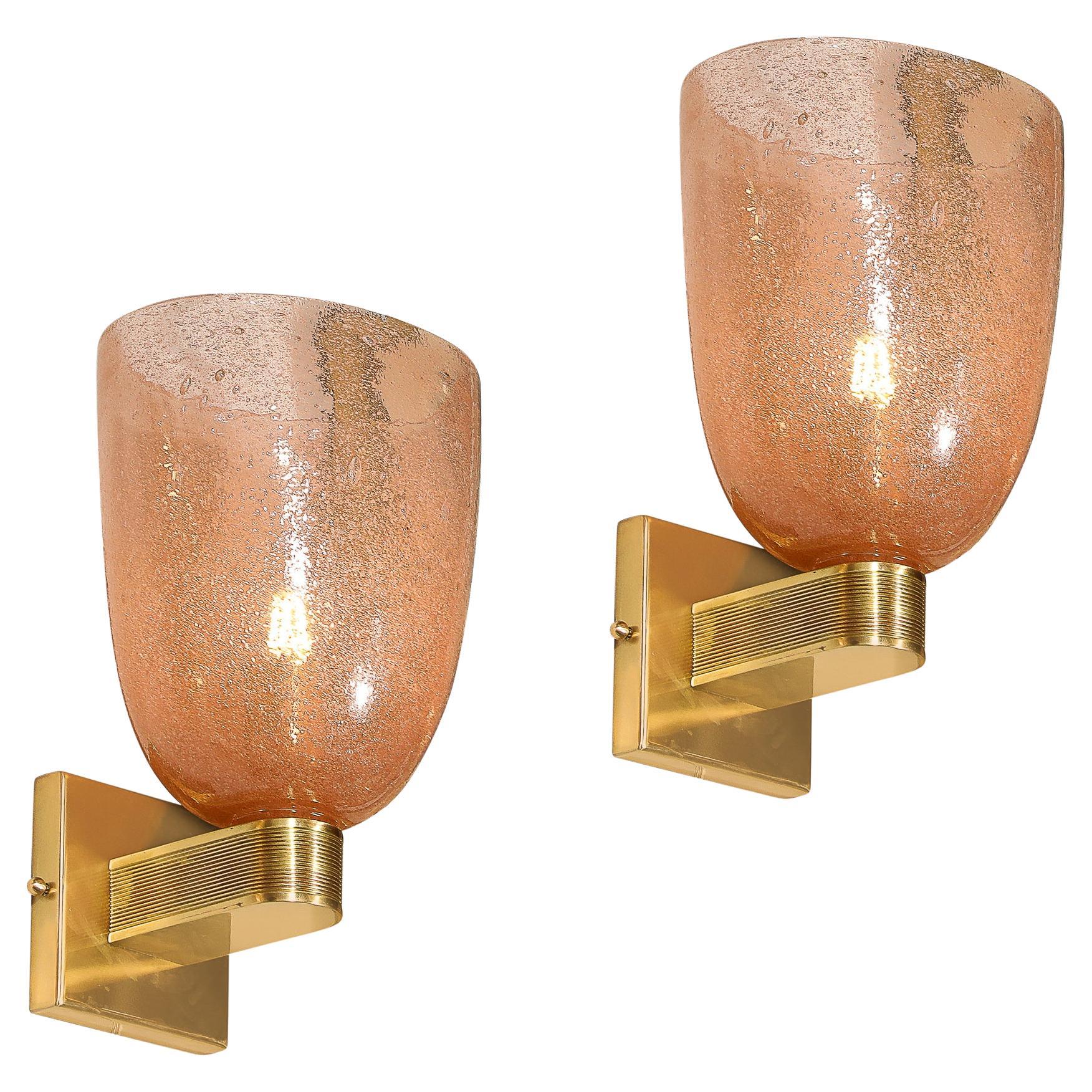 Modernist Hand-Blown Murano Glass Pulegoso Sconces in Smoked Rose & Brass
