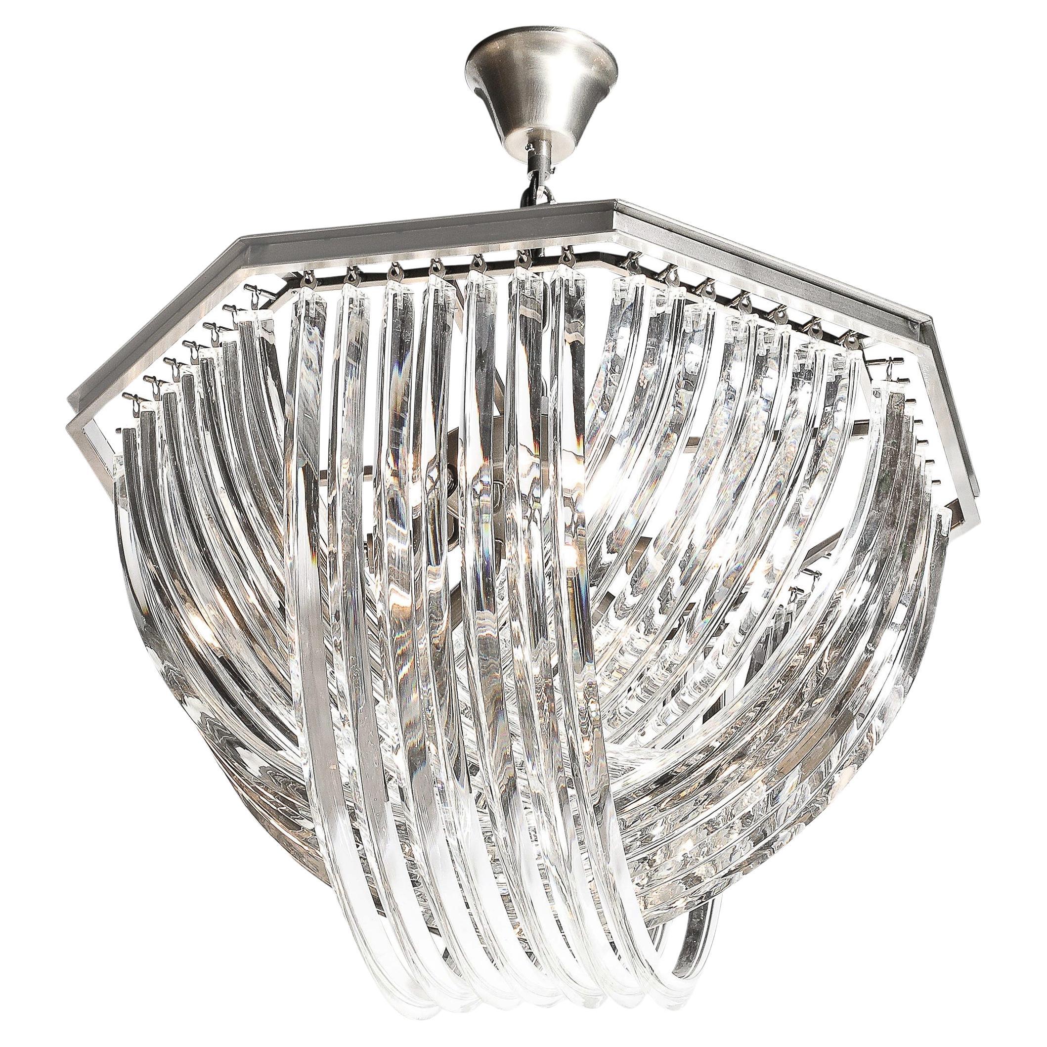 Modernist Hand-Blown Murano Glass Ribbon Chandelier W/ Brushed Nickel Frame