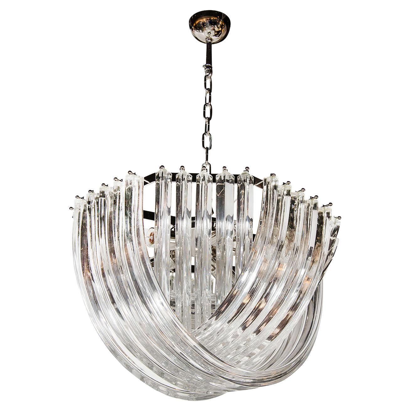 Modernist Hand Blown Murano Glass Ribbon Chandelier with Chrome Fittings