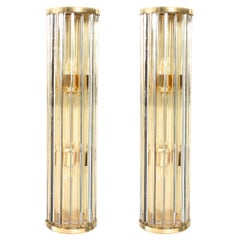 Modernist Hand-Blown Murano Glass Rod & Brass Sconces Signed Tosso Murano