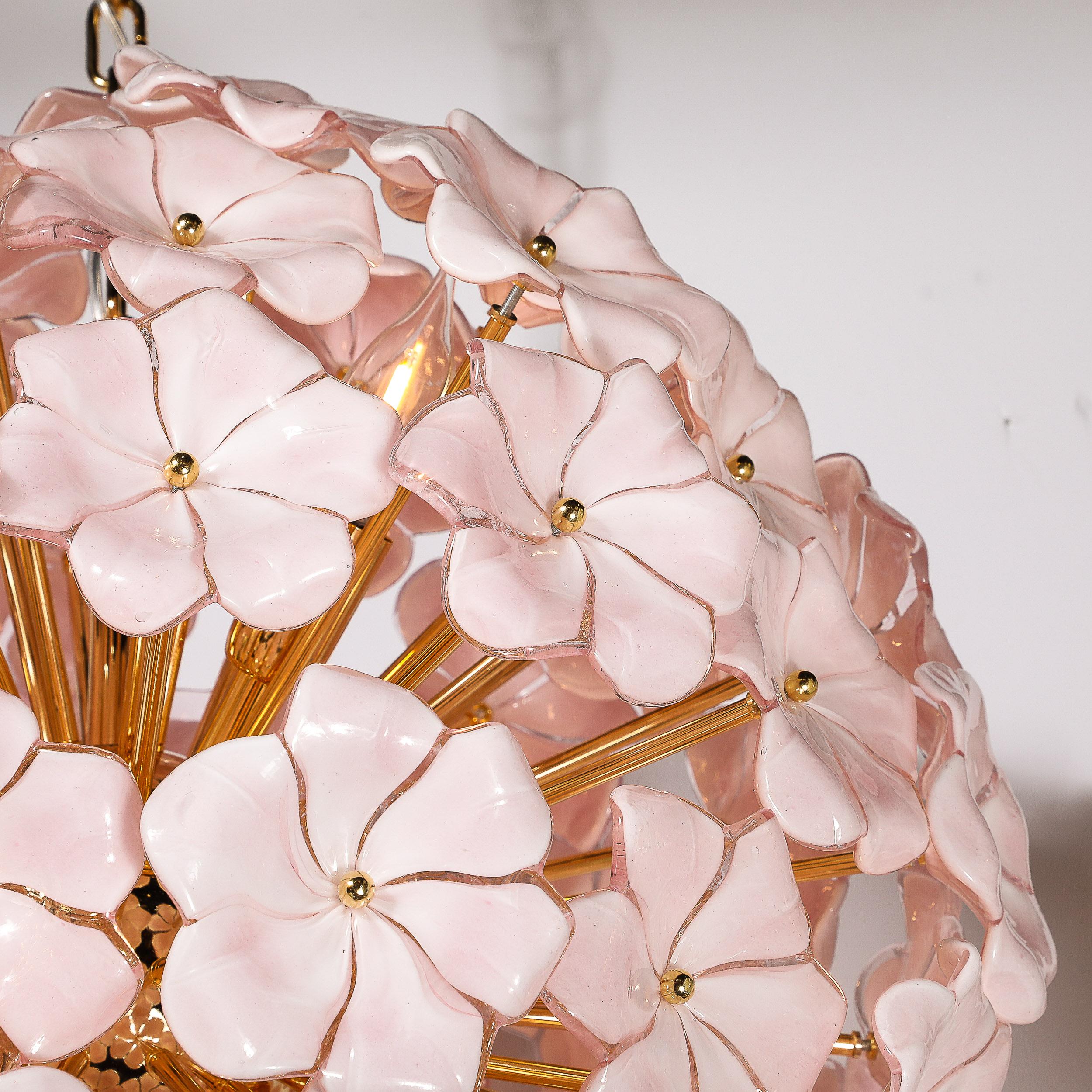 Modernist Hand-Blown Murano Glass Sakura Pink Floral Chandelier & Brass Fittings For Sale 5