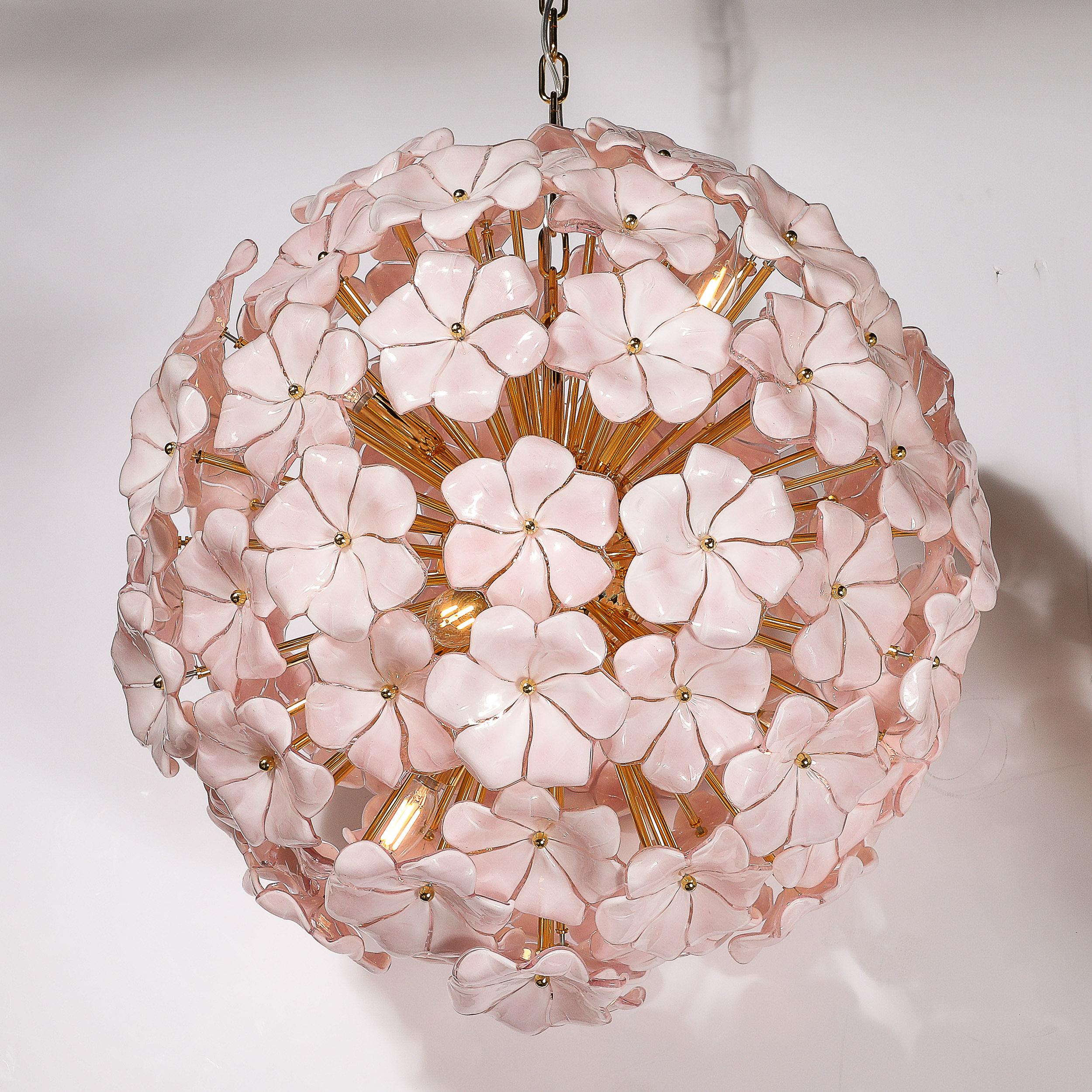Modernist Hand-Blown Murano Glass Sakura Pink Floral Chandelier & Brass Fittings For Sale 7
