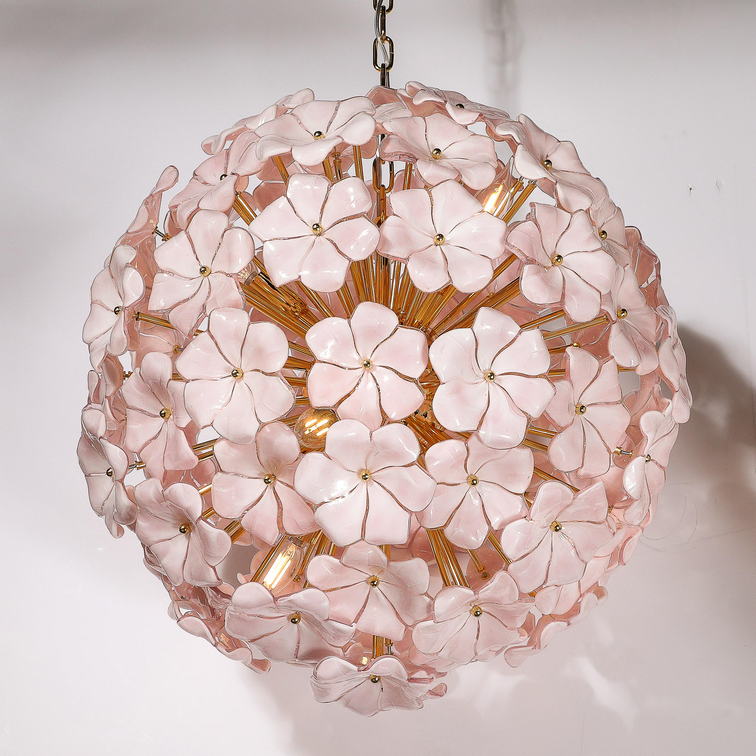 Modernist Hand-Blown Murano Glass Sakura Pink Floral Chandelier & Brass Fittings 7
