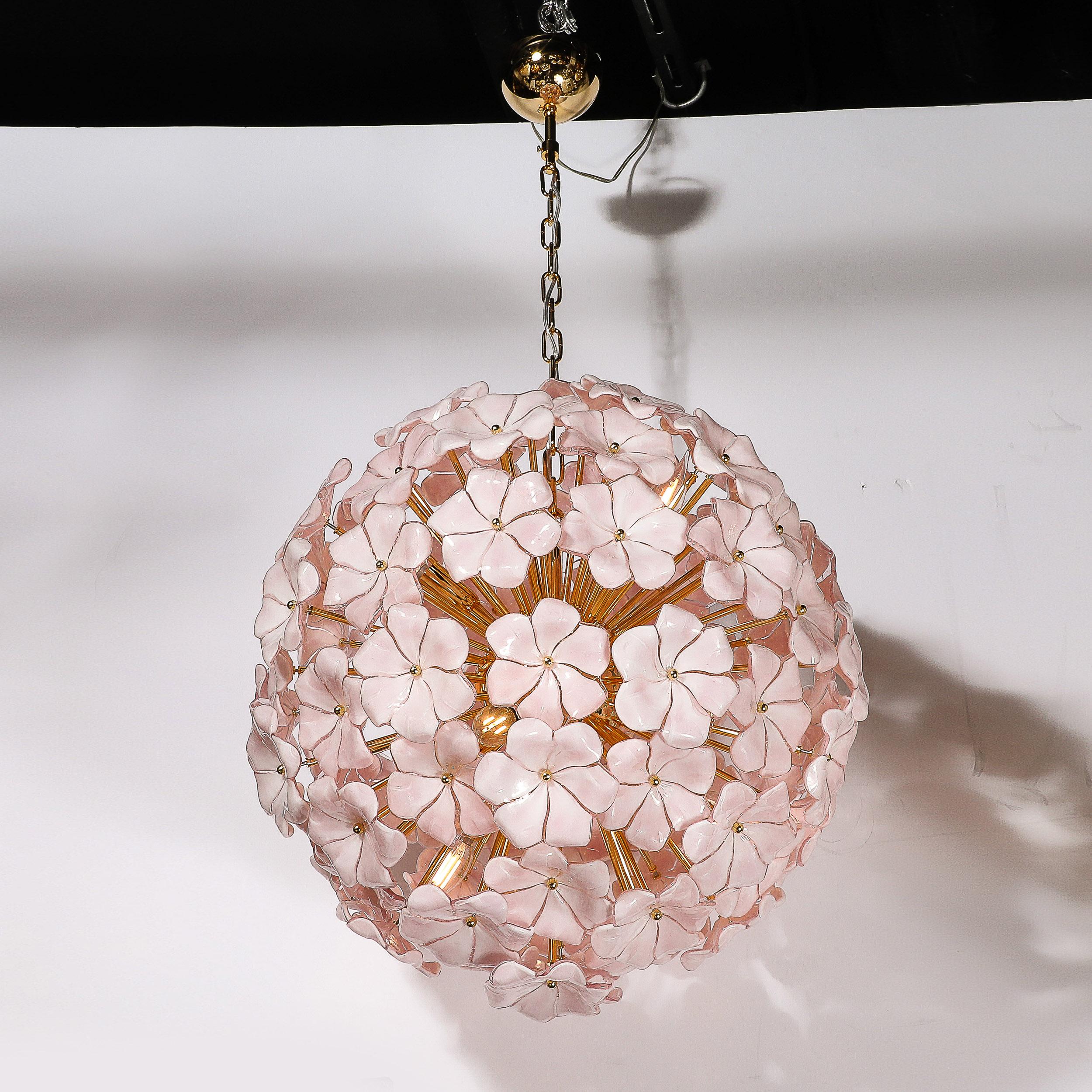 Modernist Hand-Blown Murano Glass Sakura Pink Floral Chandelier & Brass Fittings For Sale 8