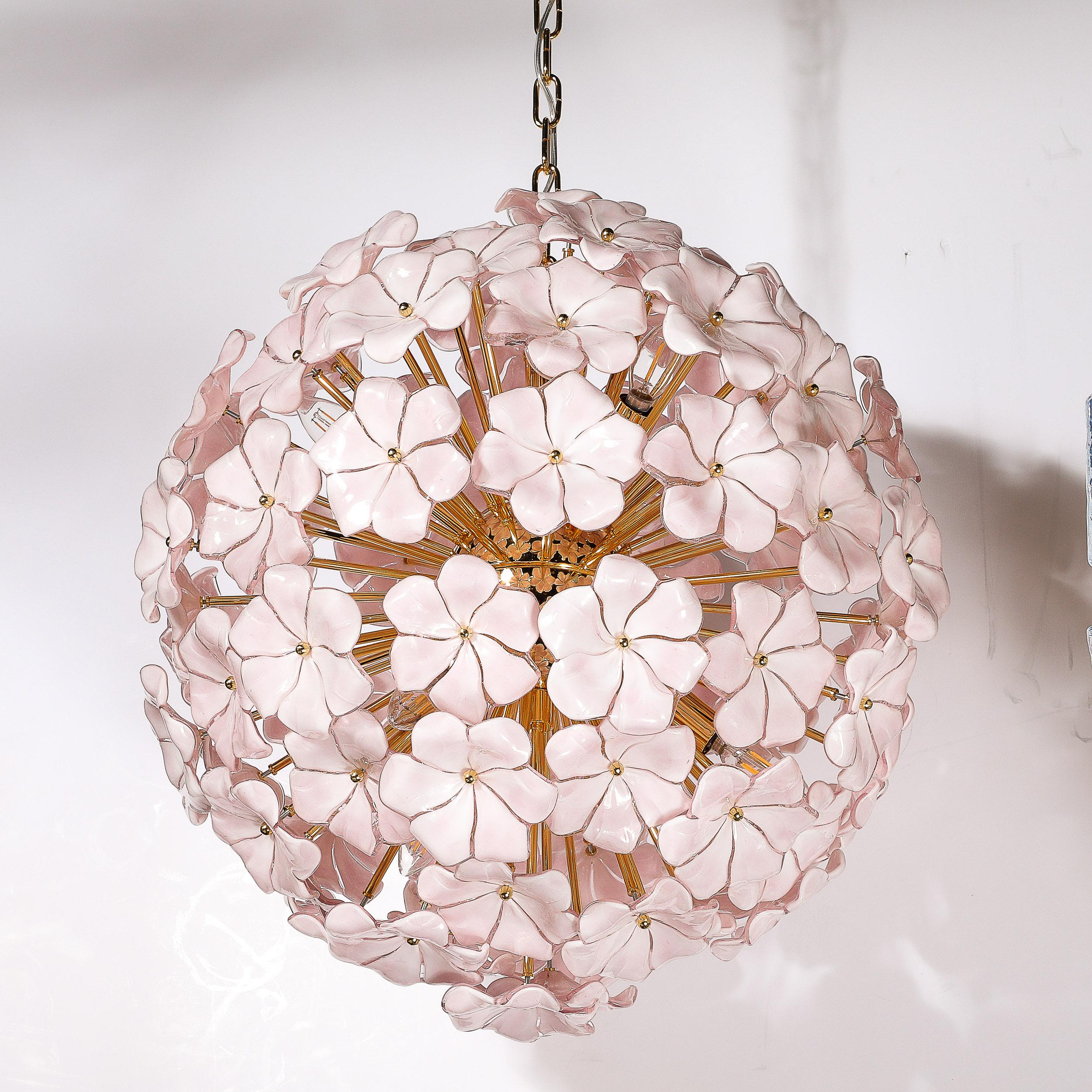 Modernist Hand-Blown Murano Glass Sakura Pink Floral Chandelier & Brass Fittings For Sale 9