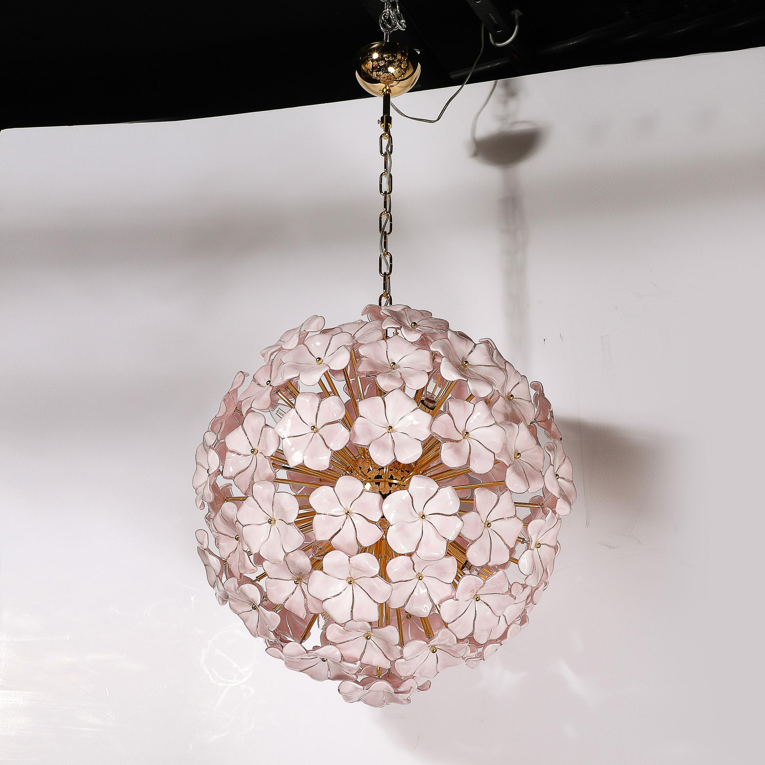 Modernist Hand-Blown Murano Glass Sakura Pink Floral Chandelier & Brass Fittings For Sale 10
