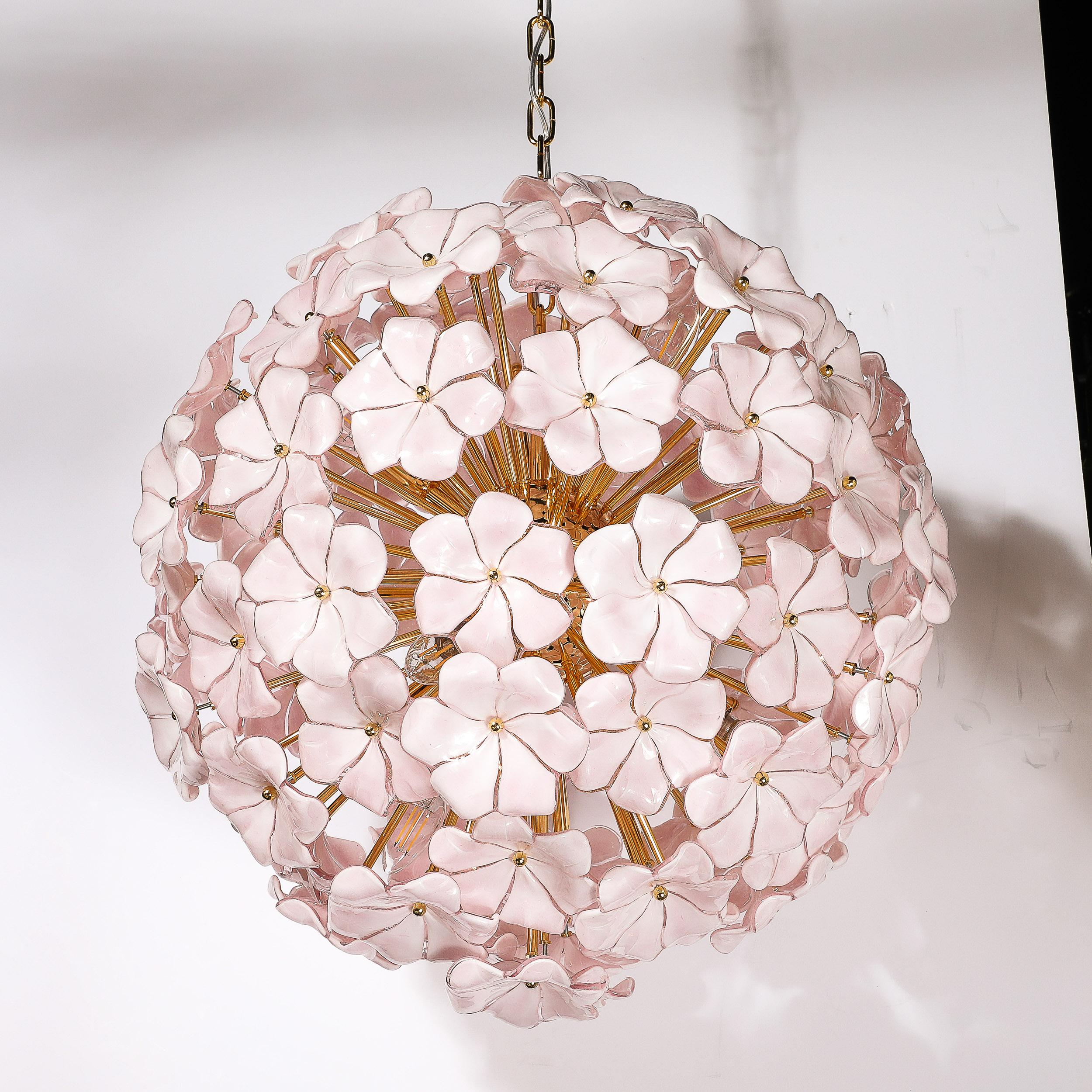Modernist Hand-Blown Murano Glass Sakura Pink Floral Chandelier & Brass Fittings For Sale 11