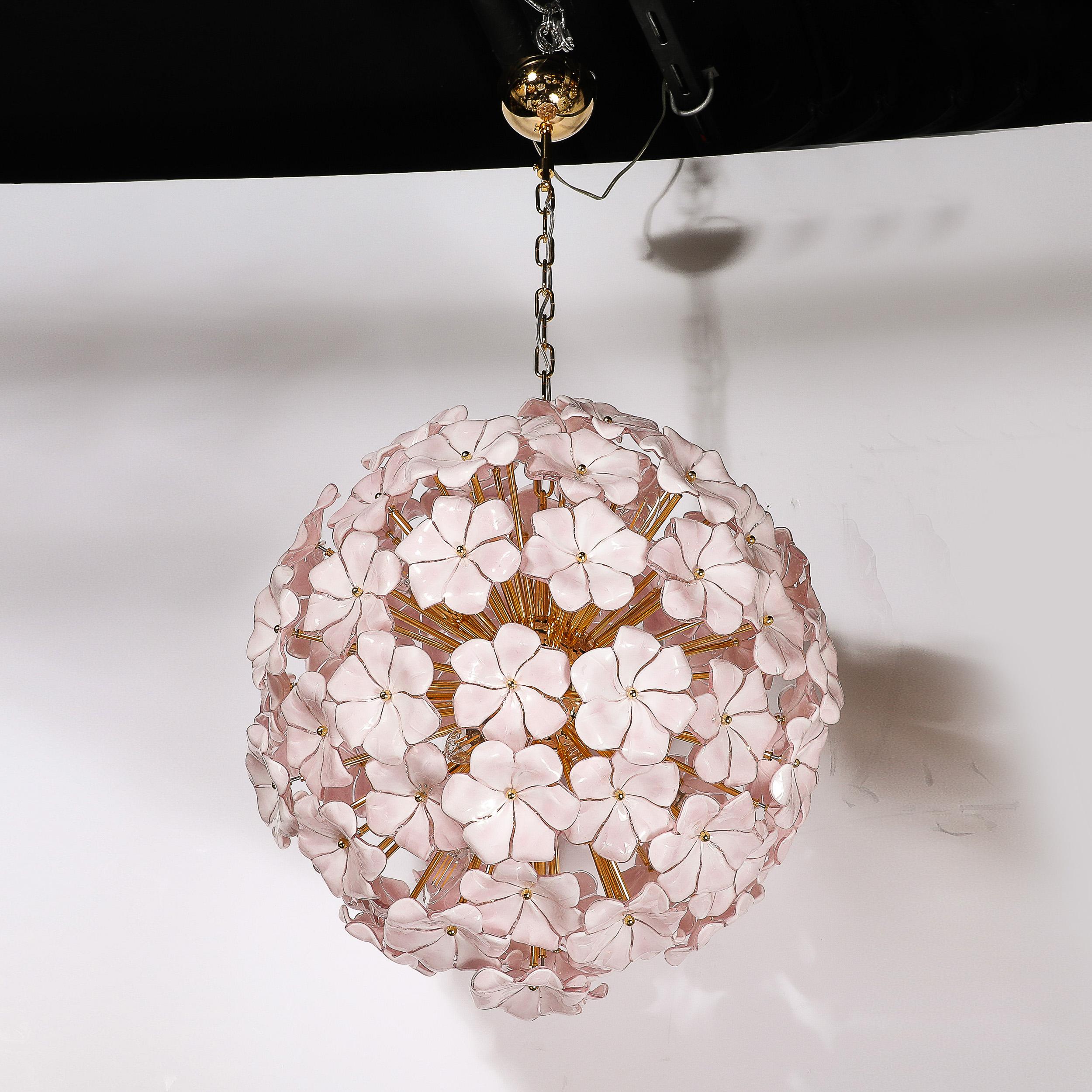 Modernist Hand-Blown Murano Glass Sakura Pink Floral Chandelier & Brass Fittings For Sale 12