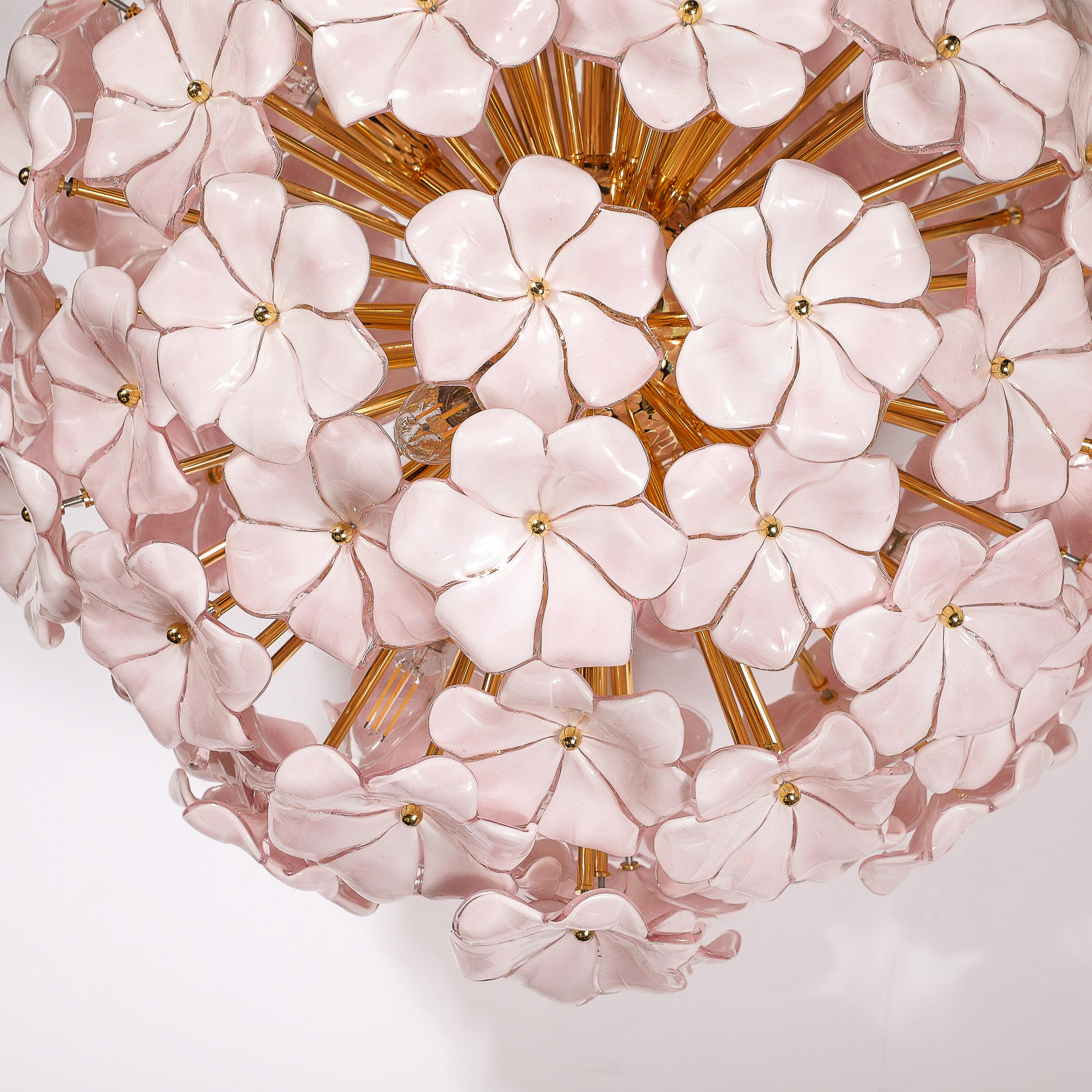 Modernist Hand-Blown Murano Glass Sakura Pink Floral Chandelier & Brass Fittings For Sale 13