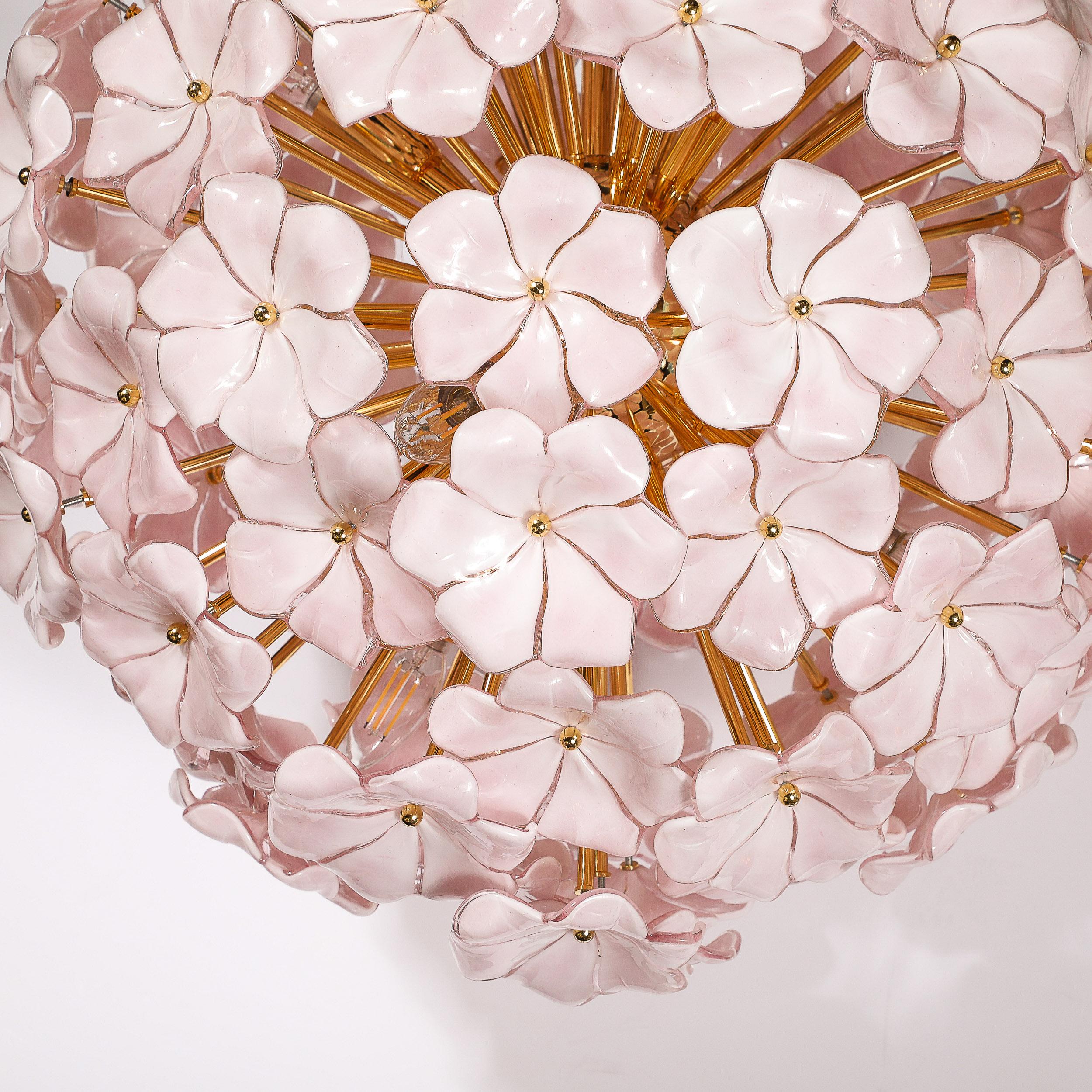 Modernist Hand-Blown Murano Glass Sakura Pink Floral Chandelier & Brass Fittings 13