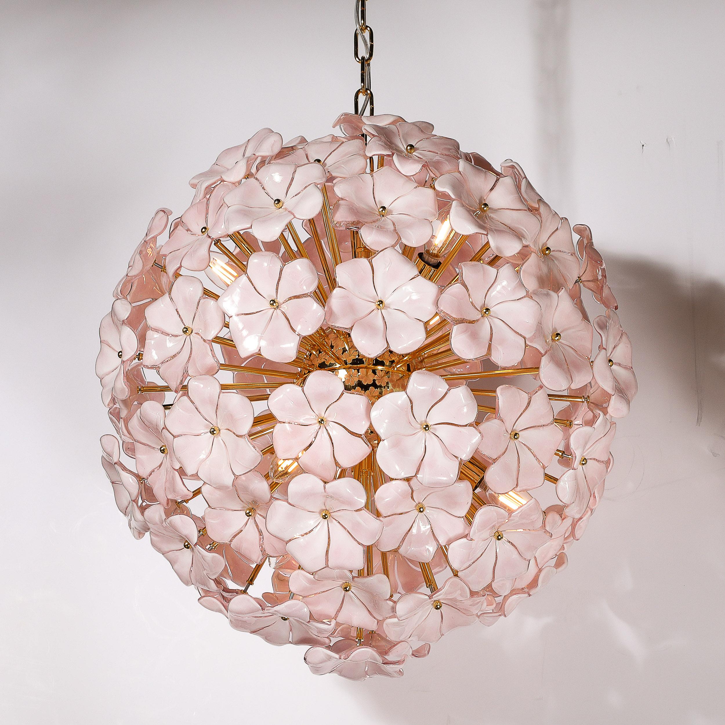 Italian Modernist Hand-Blown Murano Glass Sakura Pink Floral Chandelier & Brass Fittings For Sale