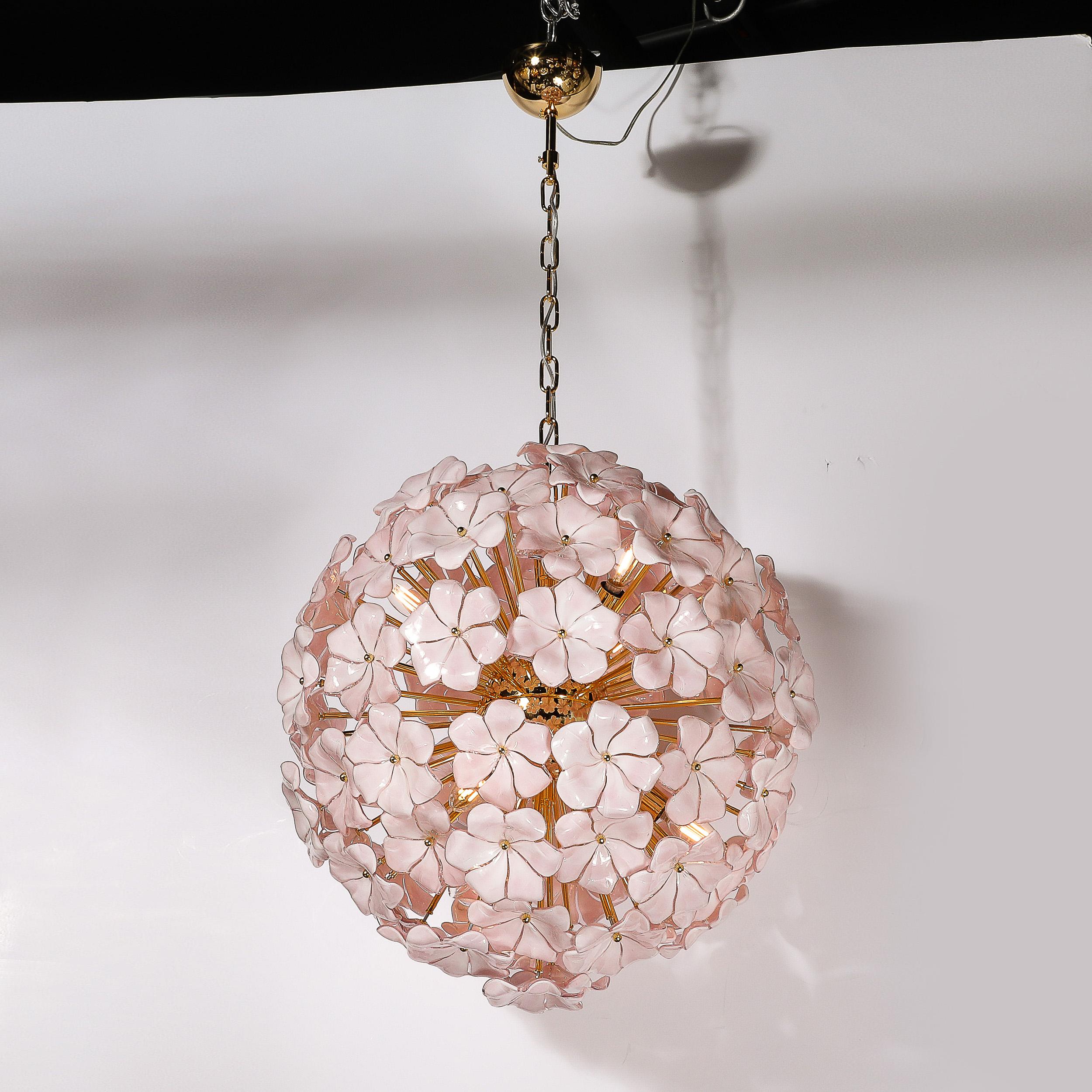 Modernist Hand-Blown Murano Glass Sakura Pink Floral Chandelier & Brass Fittings In New Condition For Sale In New York, NY