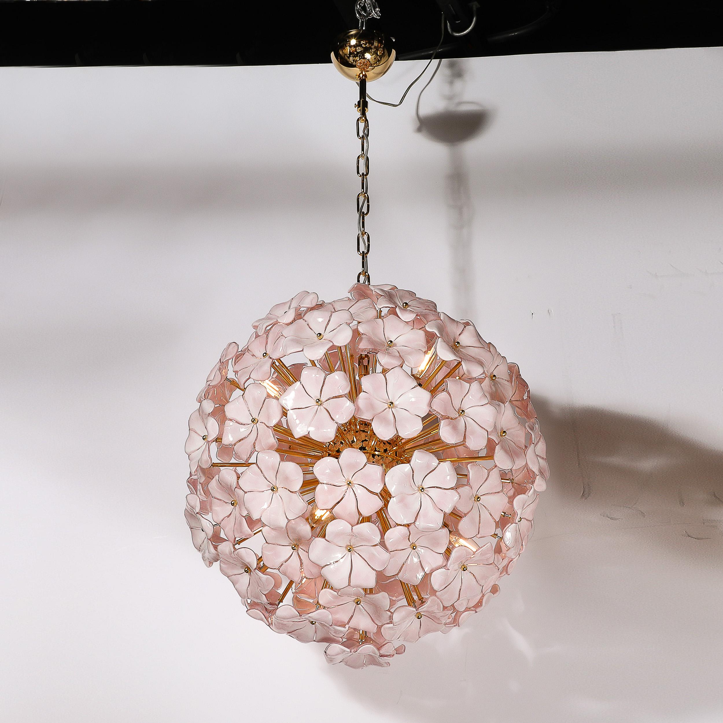 Contemporary Modernist Hand-Blown Murano Glass Sakura Pink Floral Chandelier & Brass Fittings