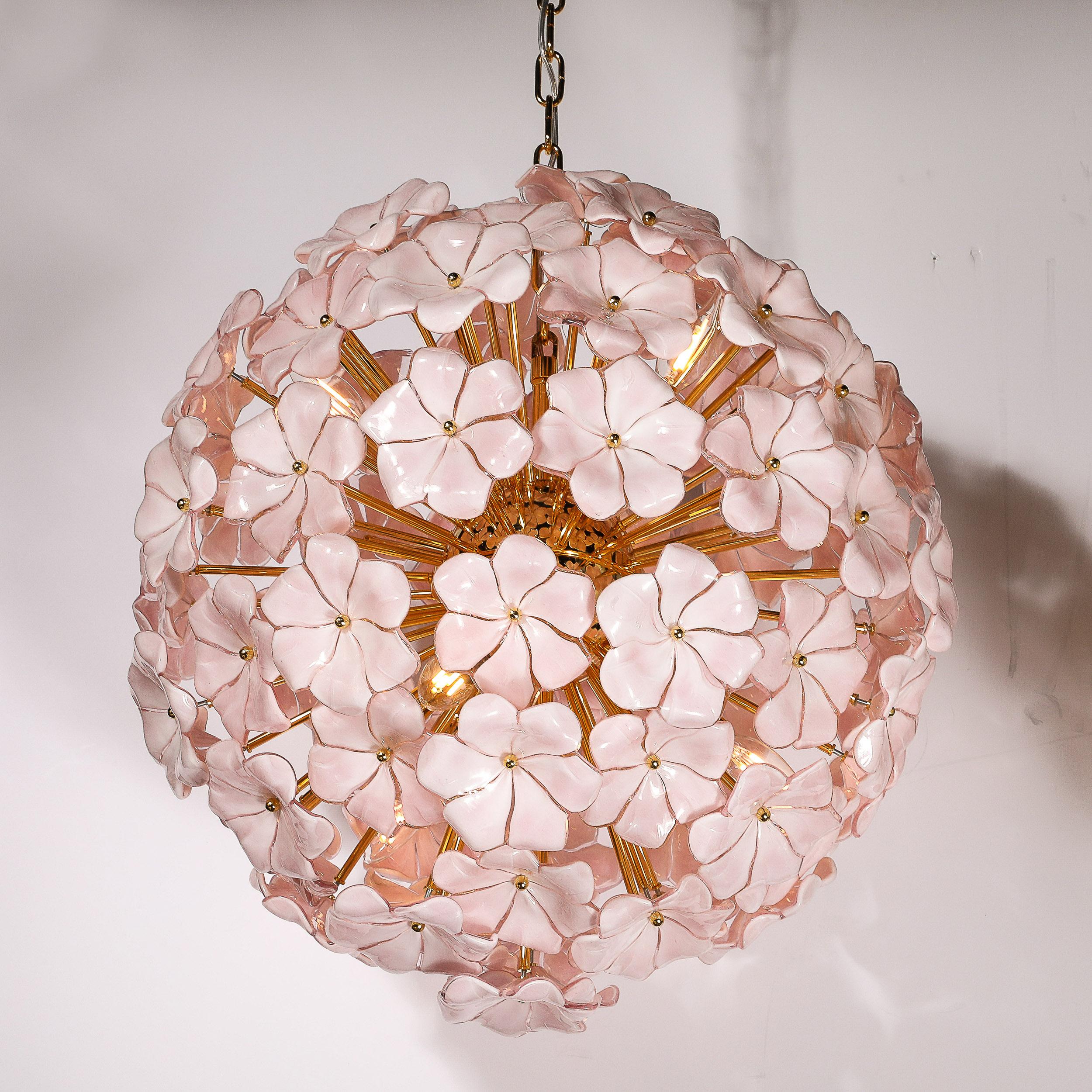 Modernist Hand-Blown Murano Glass Sakura Pink Floral Chandelier & Brass Fittings For Sale 1