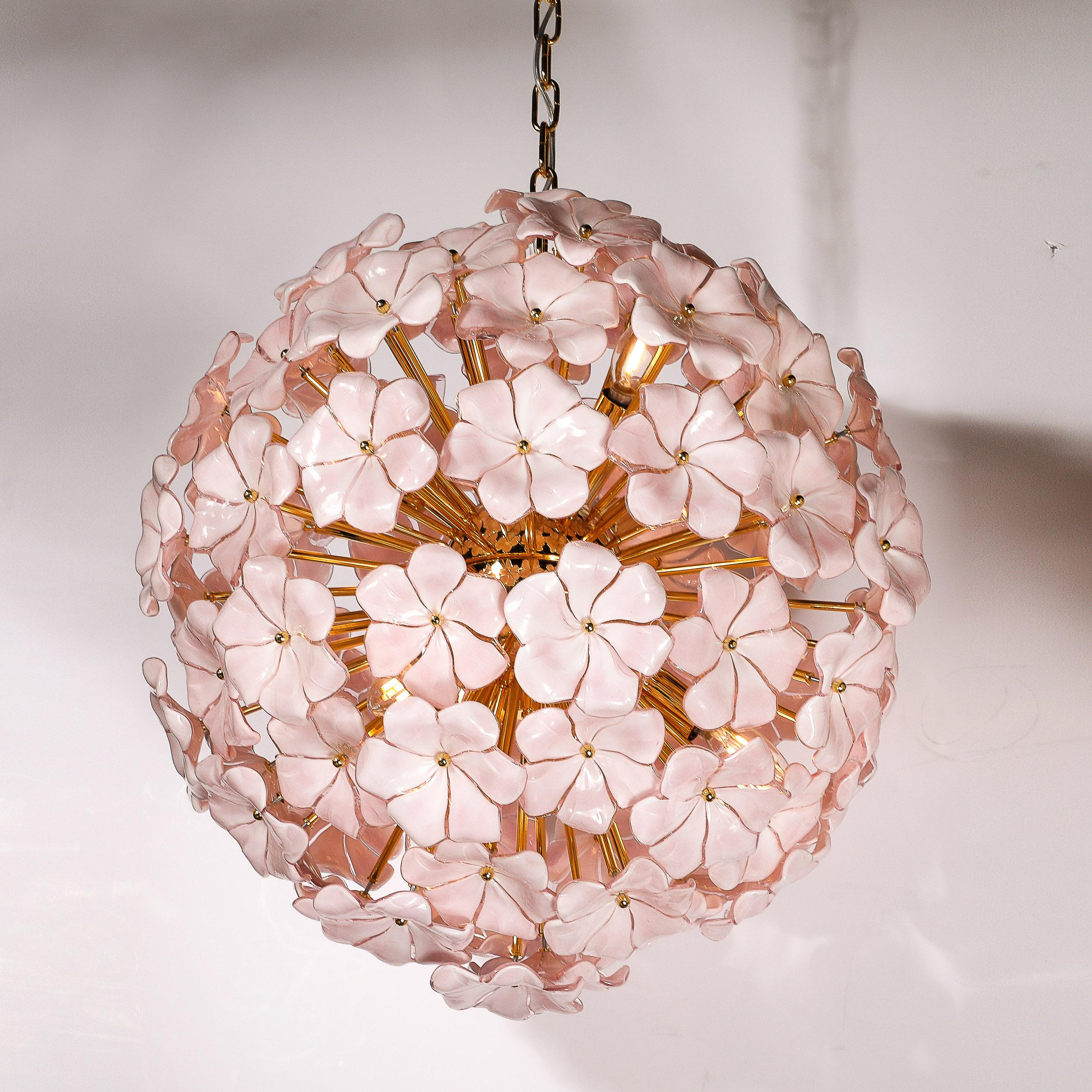 Modernist Hand-Blown Murano Glass Sakura Pink Floral Chandelier & Brass Fittings For Sale 2