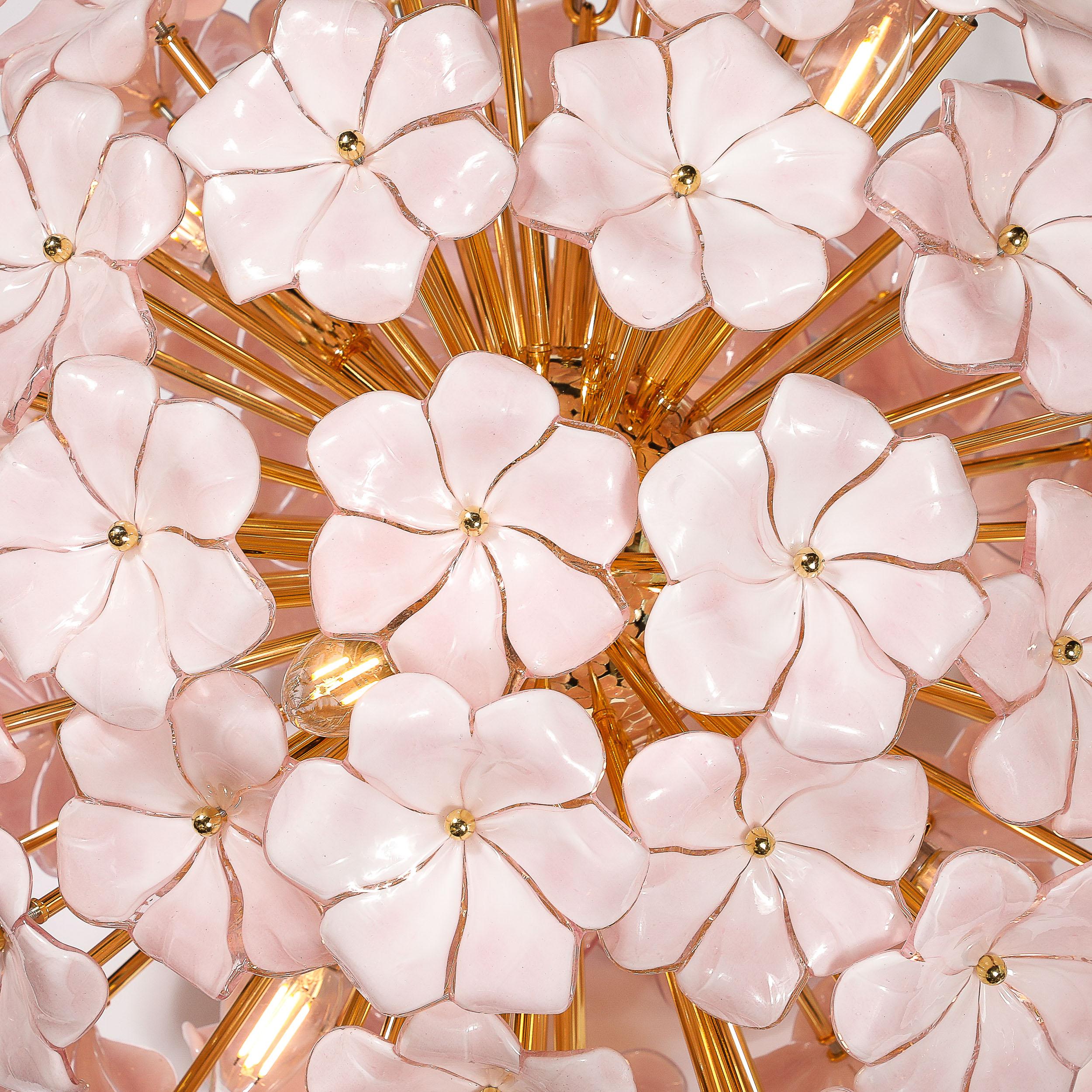 Modernist Hand-Blown Murano Glass Sakura Pink Floral Chandelier & Brass Fittings For Sale 3