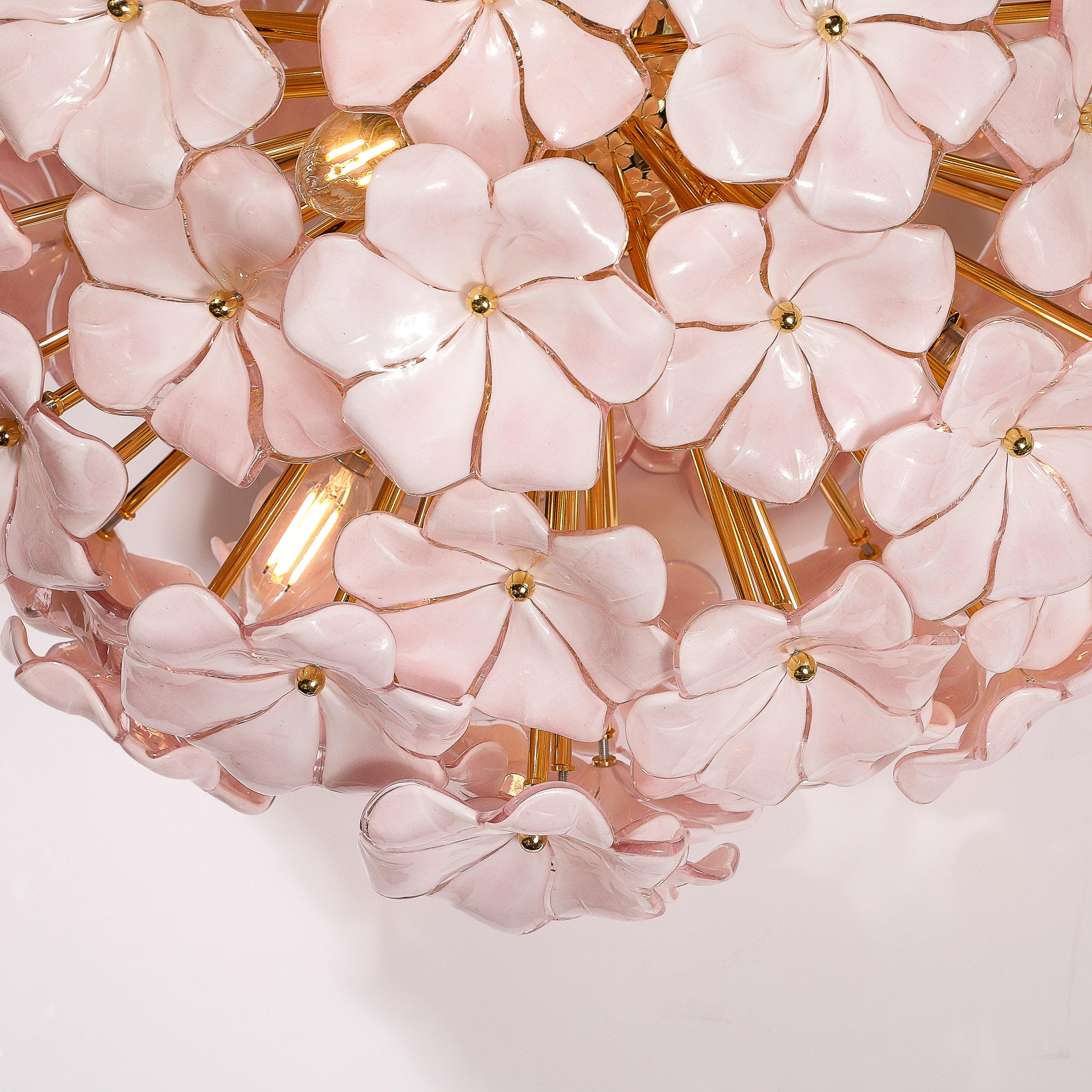 Modernist Hand-Blown Murano Glass Sakura Pink Floral Chandelier & Brass Fittings For Sale 4
