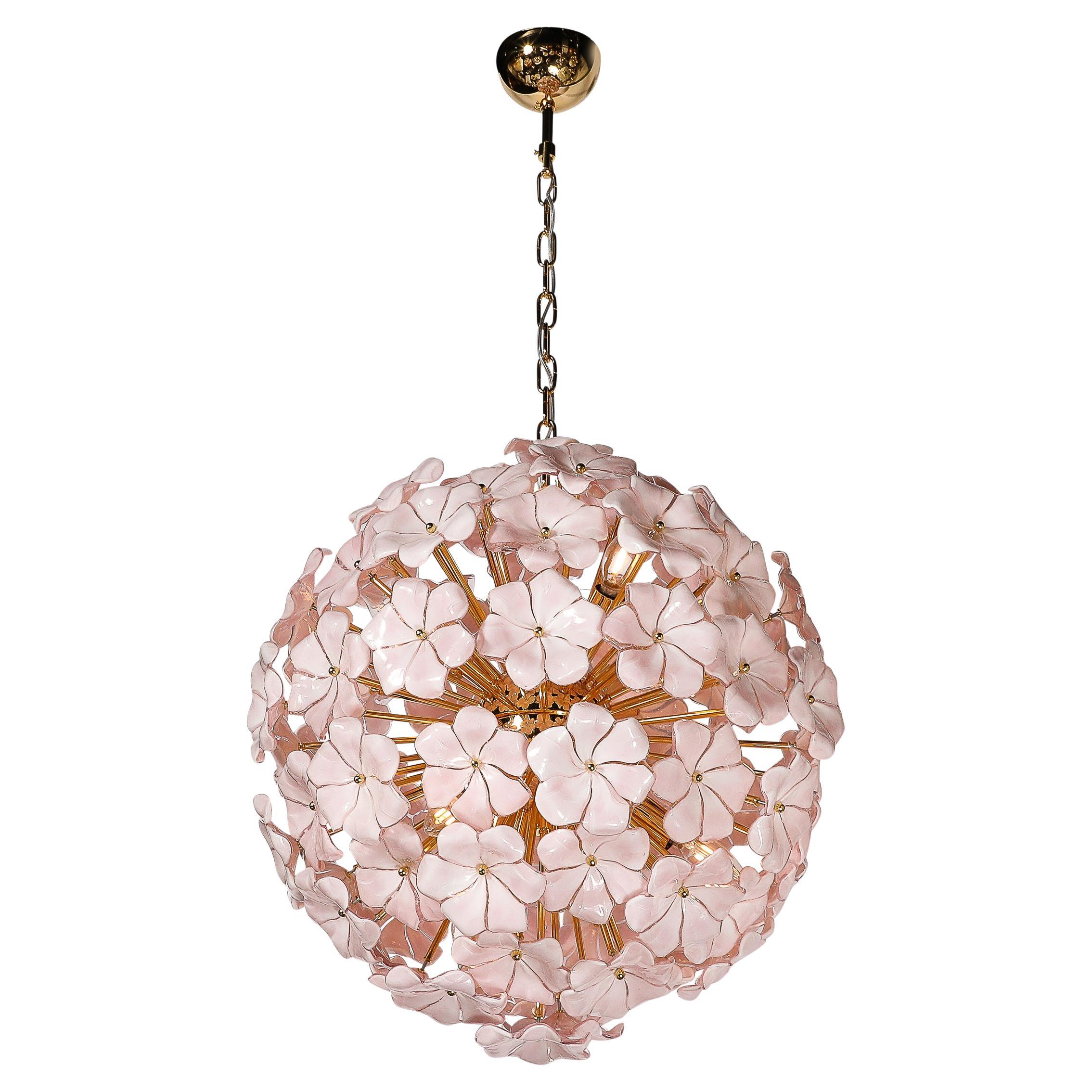 Modernist Hand-Blown Murano Glass Sakura Pink Floral Chandelier & Brass Fittings