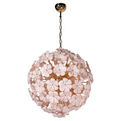 Modernist Hand-Blown Murano Glass Sakura Pink Floral Chandelier & Brass Fittings