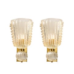 Modernist Hand-Blown Murano Glass Sconces W/ Ruffled Detailing & 24K Gold Flecks