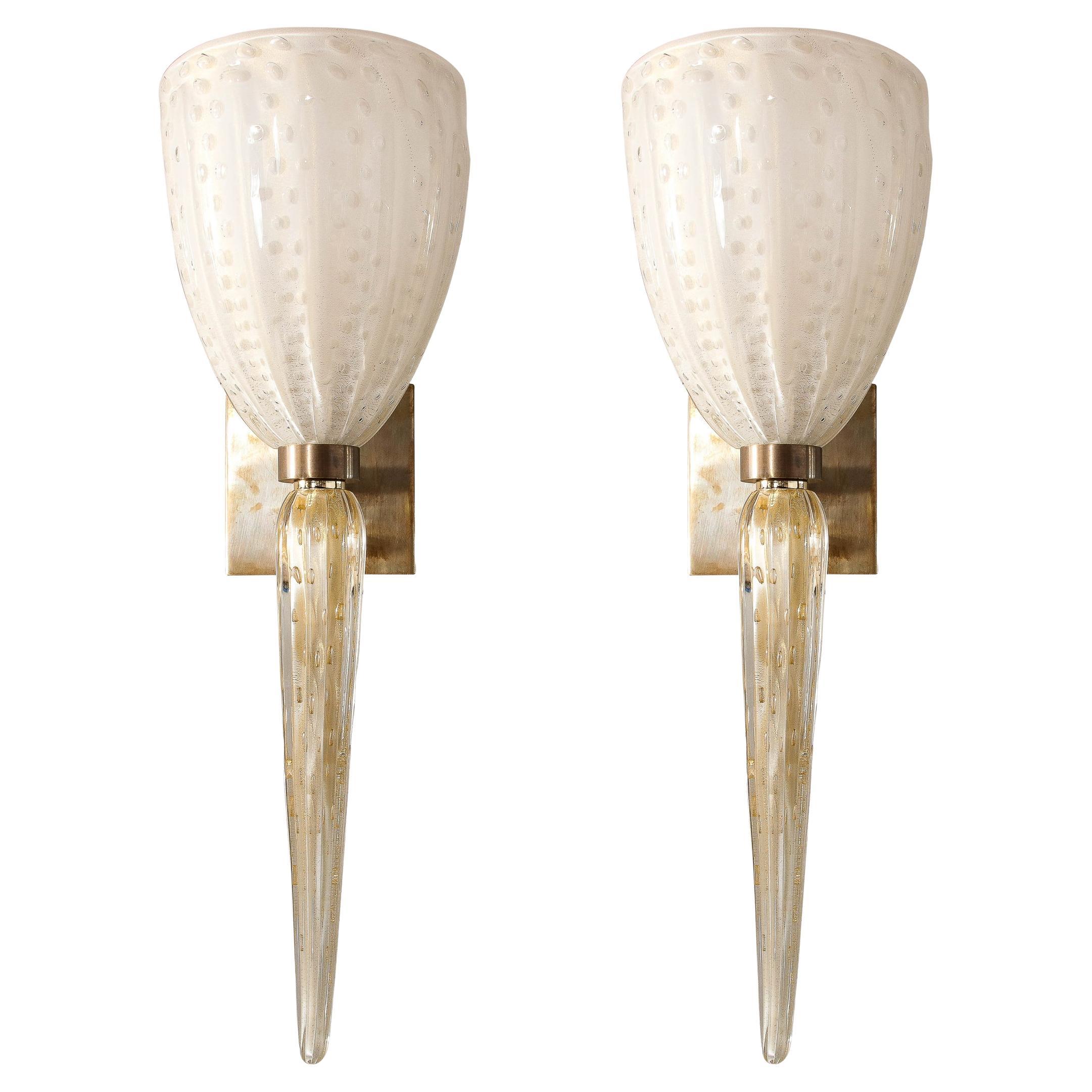 Modernist Hand-Blown Murano Glass Sconces with Murines & 24K Gold Flecks  For Sale