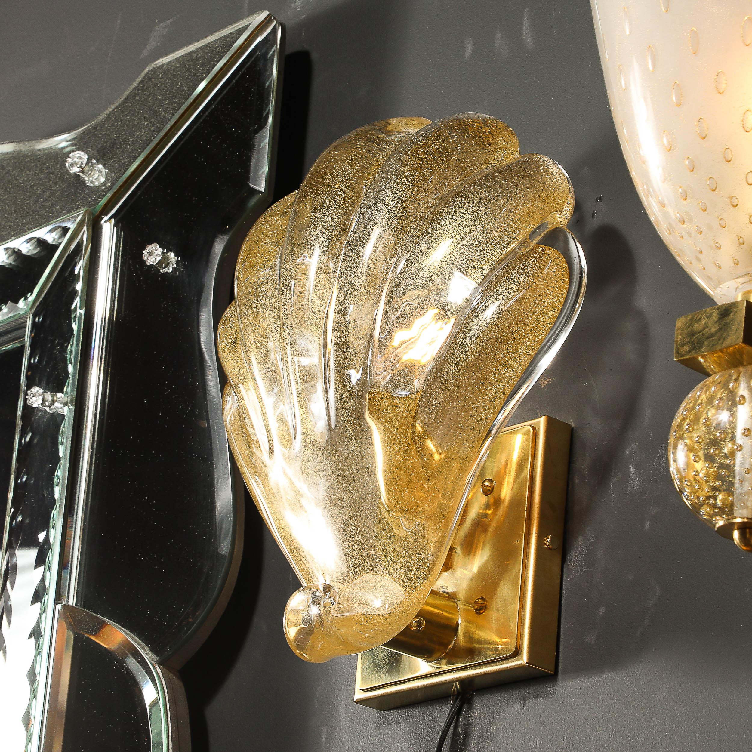 Modernist Hand-blown Murano Glass Shell Form Sconces W/ 24 Karat Gold Flecks For Sale 5