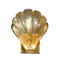 Modernist Hand-blown Murano Glass Shell Form Sconces W/ 24 Karat Gold Flecks