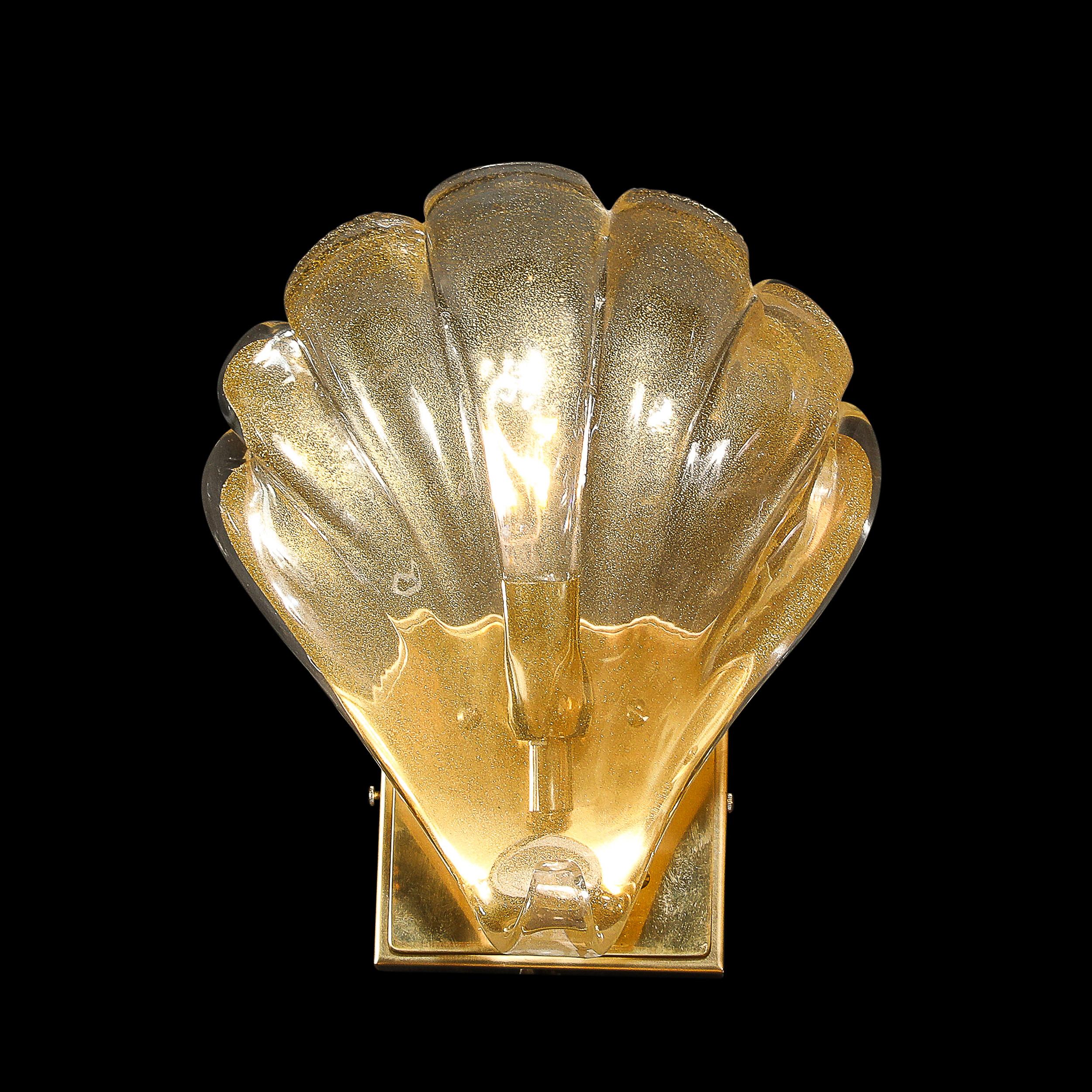 Italian Modernist Hand-blown Murano Glass Shell Form Sconces W/ 24 Karat Gold Flecks For Sale