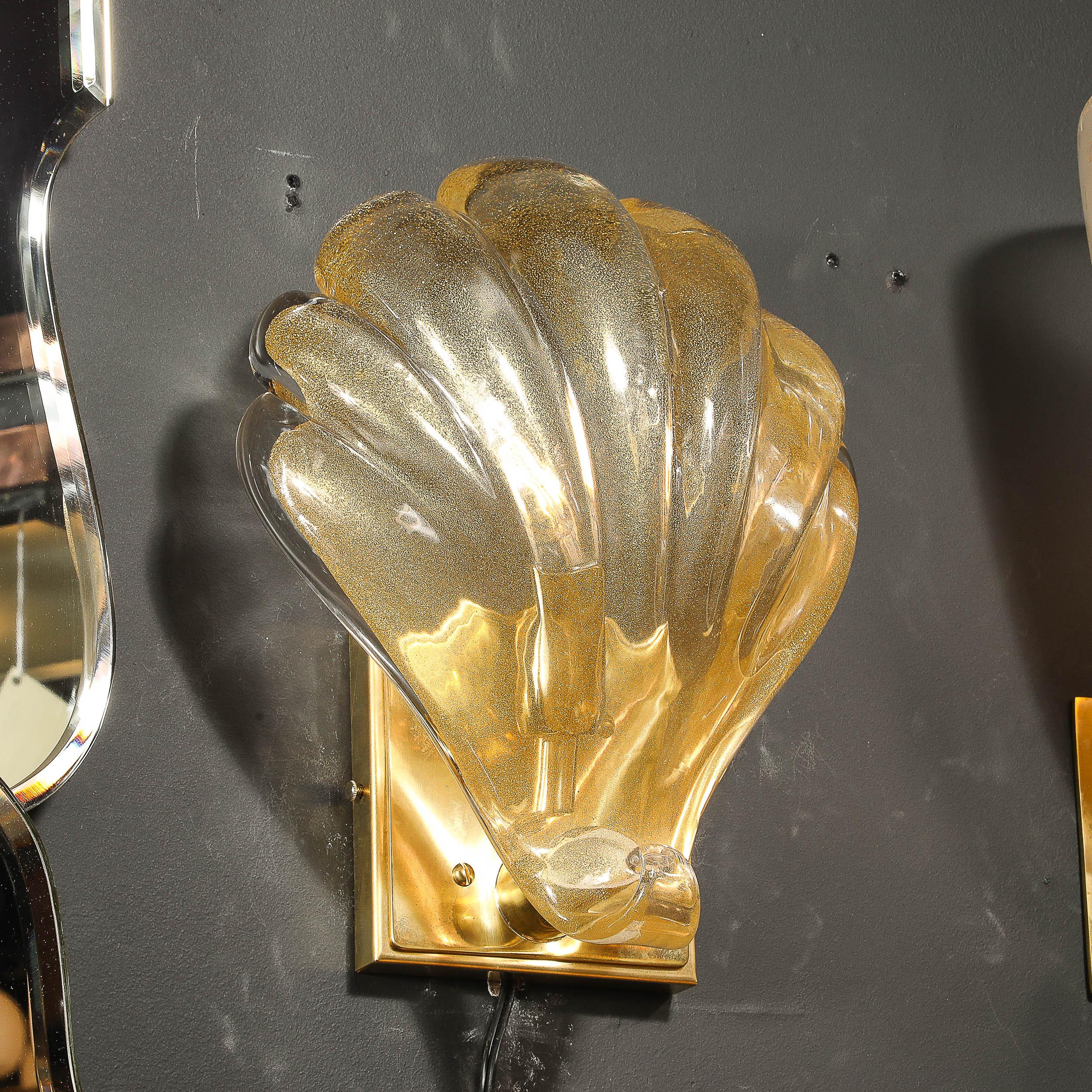 Brass Modernist Hand-blown Murano Glass Shell Form Sconces W/ 24 Karat Gold Flecks For Sale