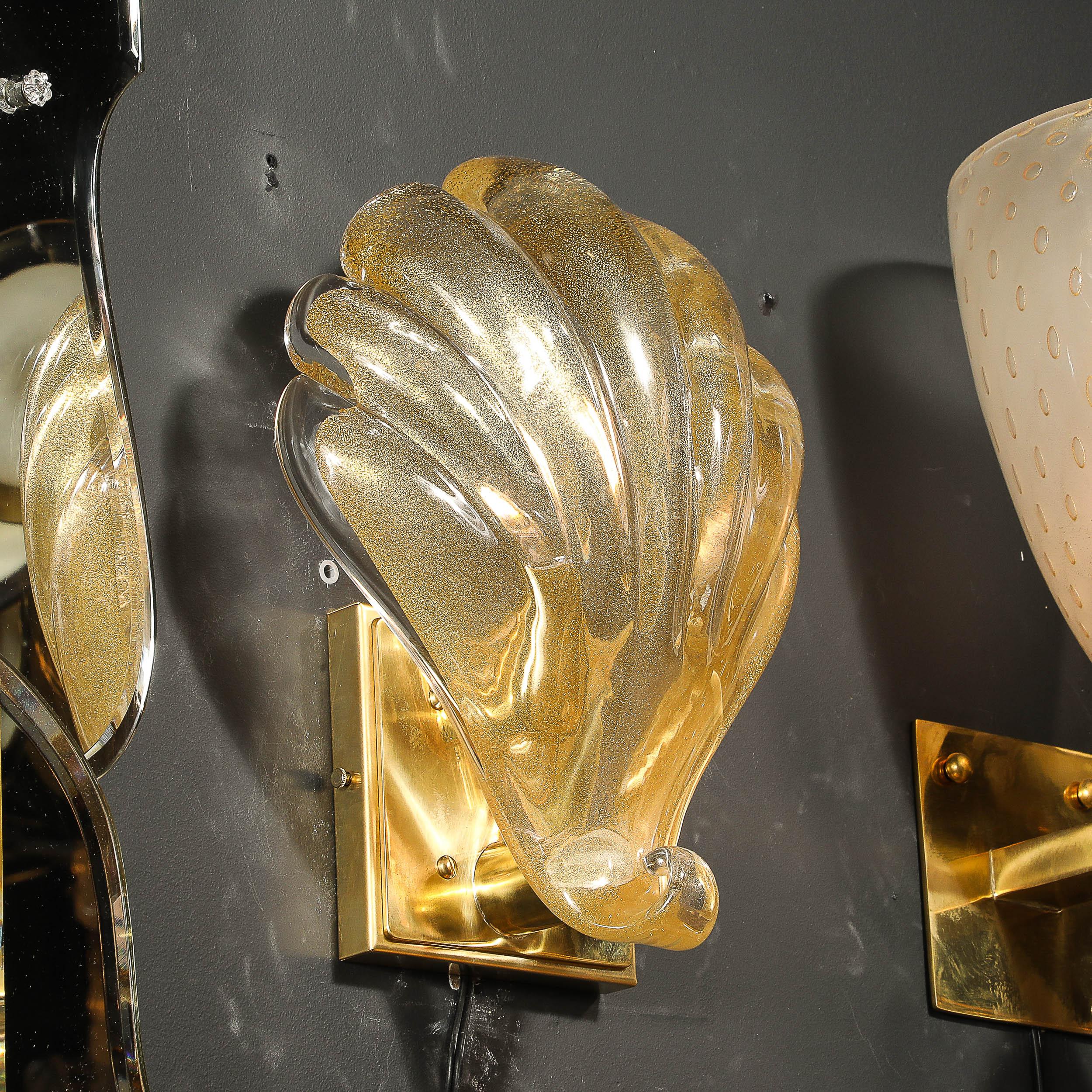 Modernist Hand-blown Murano Glass Shell Form Sconces W/ 24 Karat Gold Flecks For Sale 1