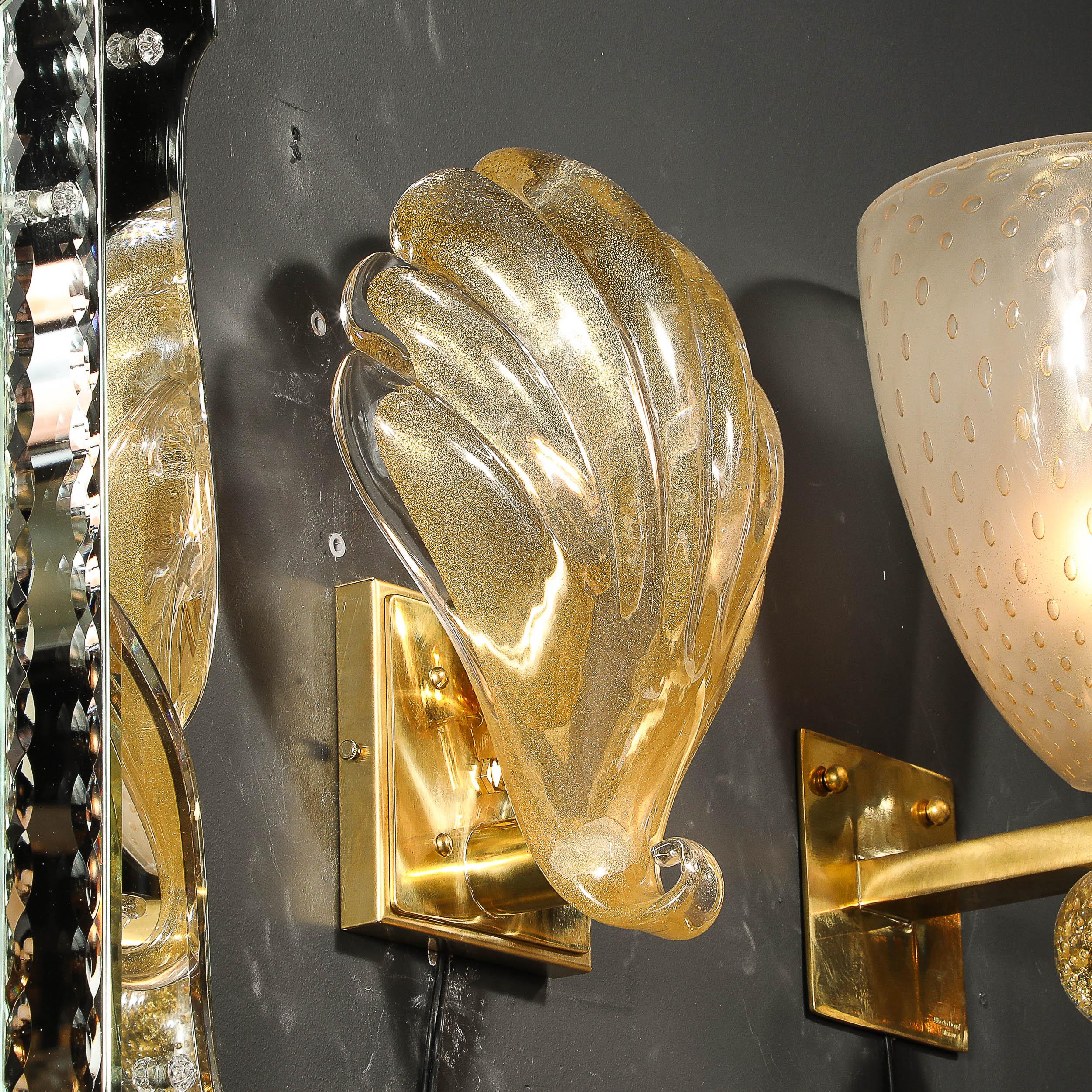 Modernist Hand-blown Murano Glass Shell Form Sconces W/ 24 Karat Gold Flecks For Sale 2