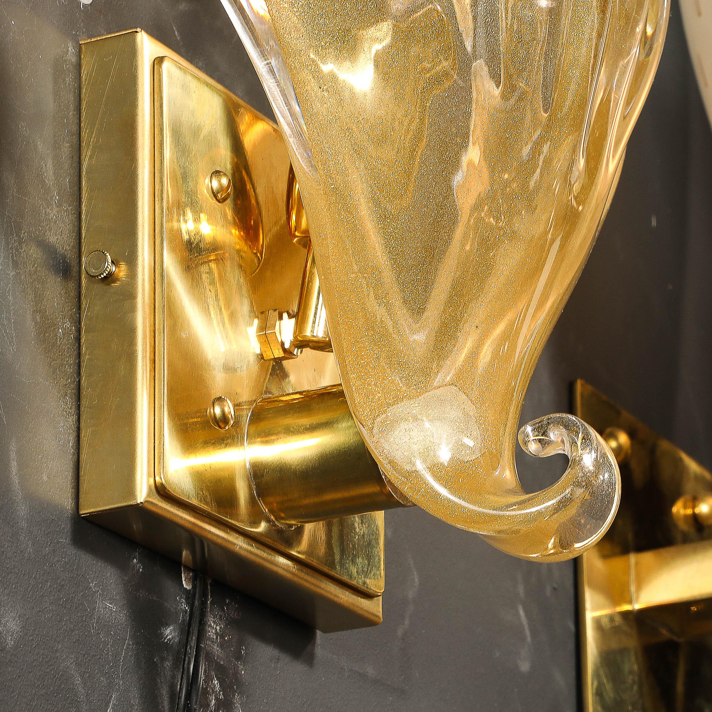 Modernist Hand-blown Murano Glass Shell Form Sconces W/ 24 Karat Gold Flecks For Sale 3