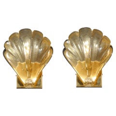 Modernist mundgeblasenem Murano Glas Shell Form Sconces W / 24 Karat Gold Flecken
