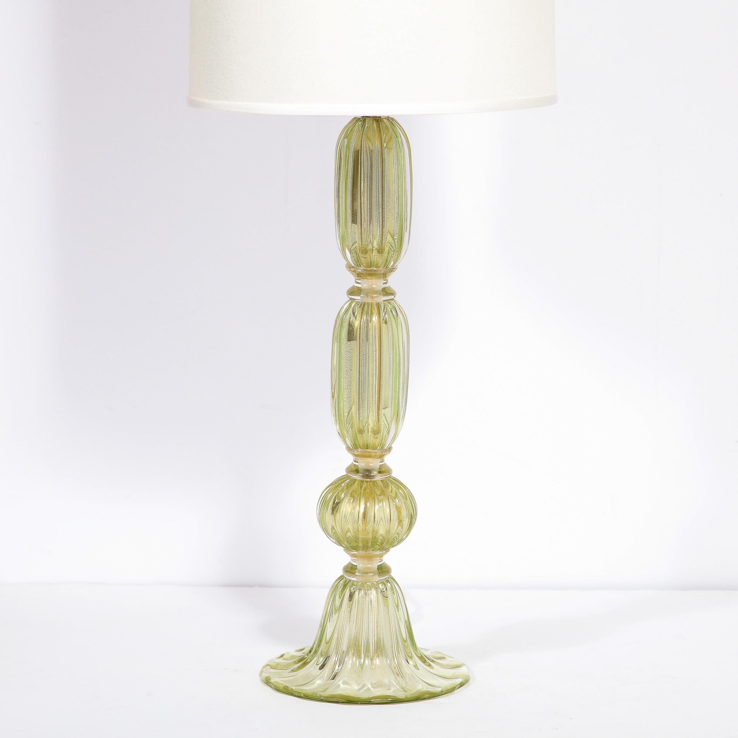 Italian Modernist Hand-Blown Murano Glass Table Lamp in Peridot w/ 24Karat Gold Flecks For Sale