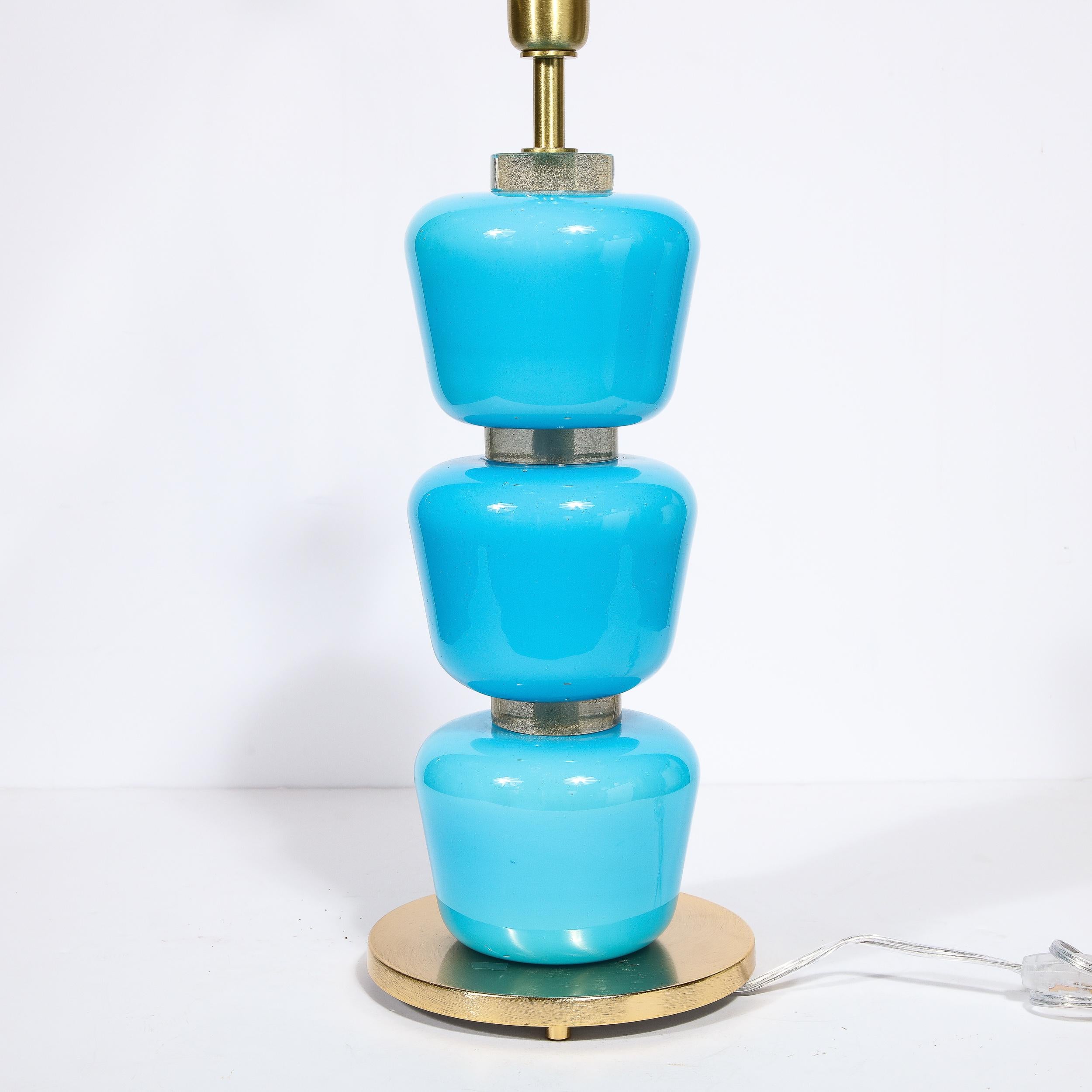 Modernist Hand-Blown Murano Glass Table Lamps in Cyan Blue with 24K Gold Flecks For Sale 5