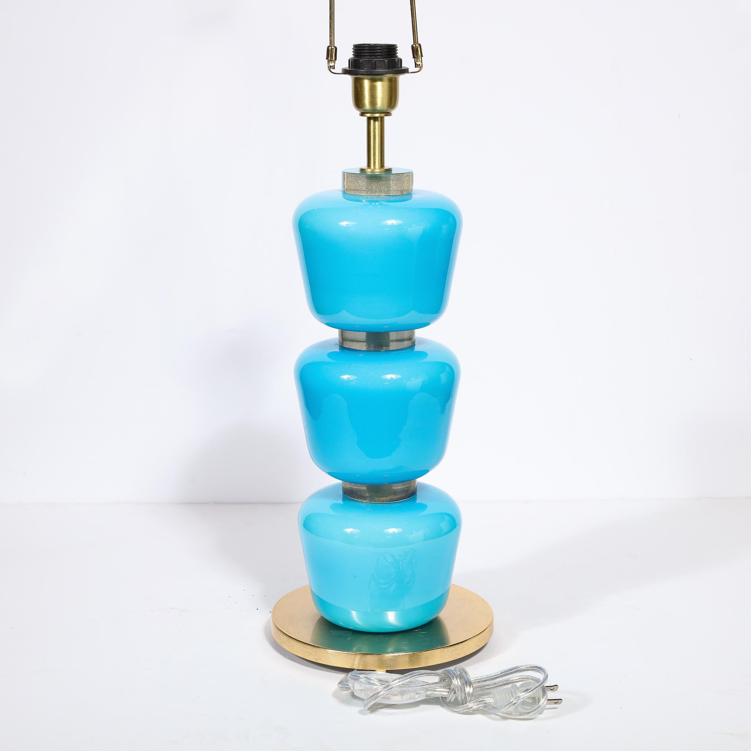 Modernist Hand-Blown Murano Glass Table Lamps in Cyan Blue with 24K Gold Flecks For Sale 6