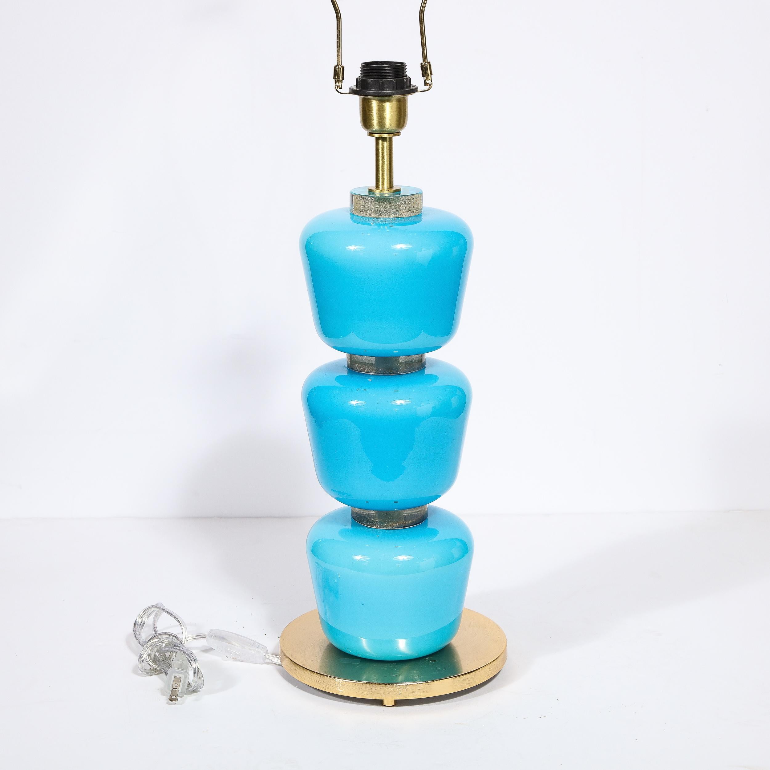Modernist Hand-Blown Murano Glass Table Lamps in Cyan Blue with 24K Gold Flecks For Sale 7