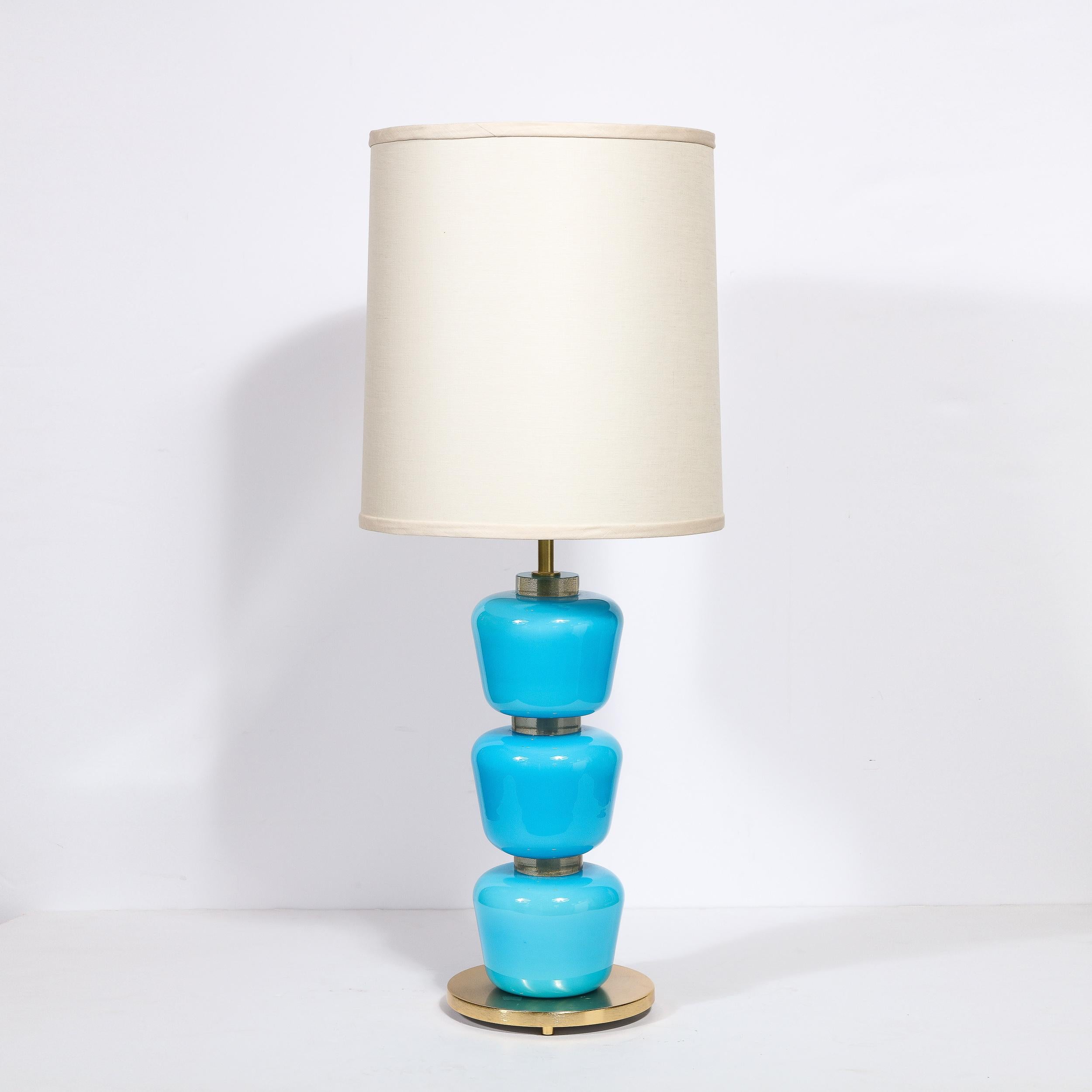 Italian Modernist Hand-Blown Murano Glass Table Lamps in Cyan Blue with 24K Gold Flecks For Sale