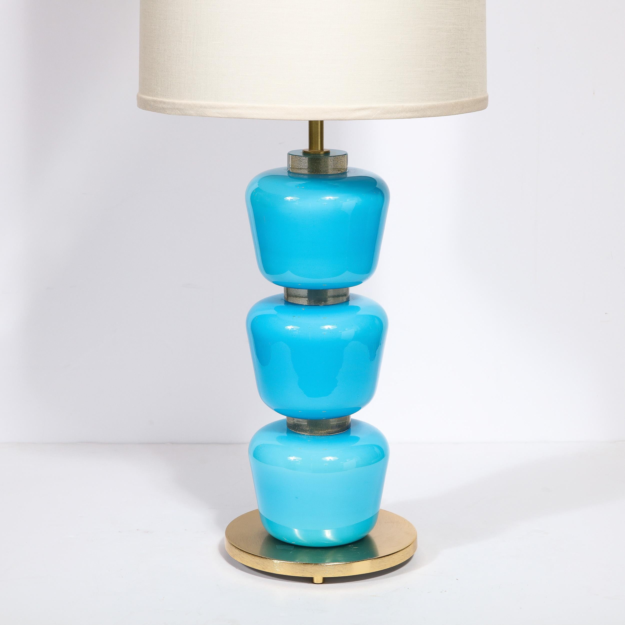 Modernist Hand-Blown Murano Glass Table Lamps in Cyan Blue with 24K Gold Flecks In New Condition For Sale In New York, NY