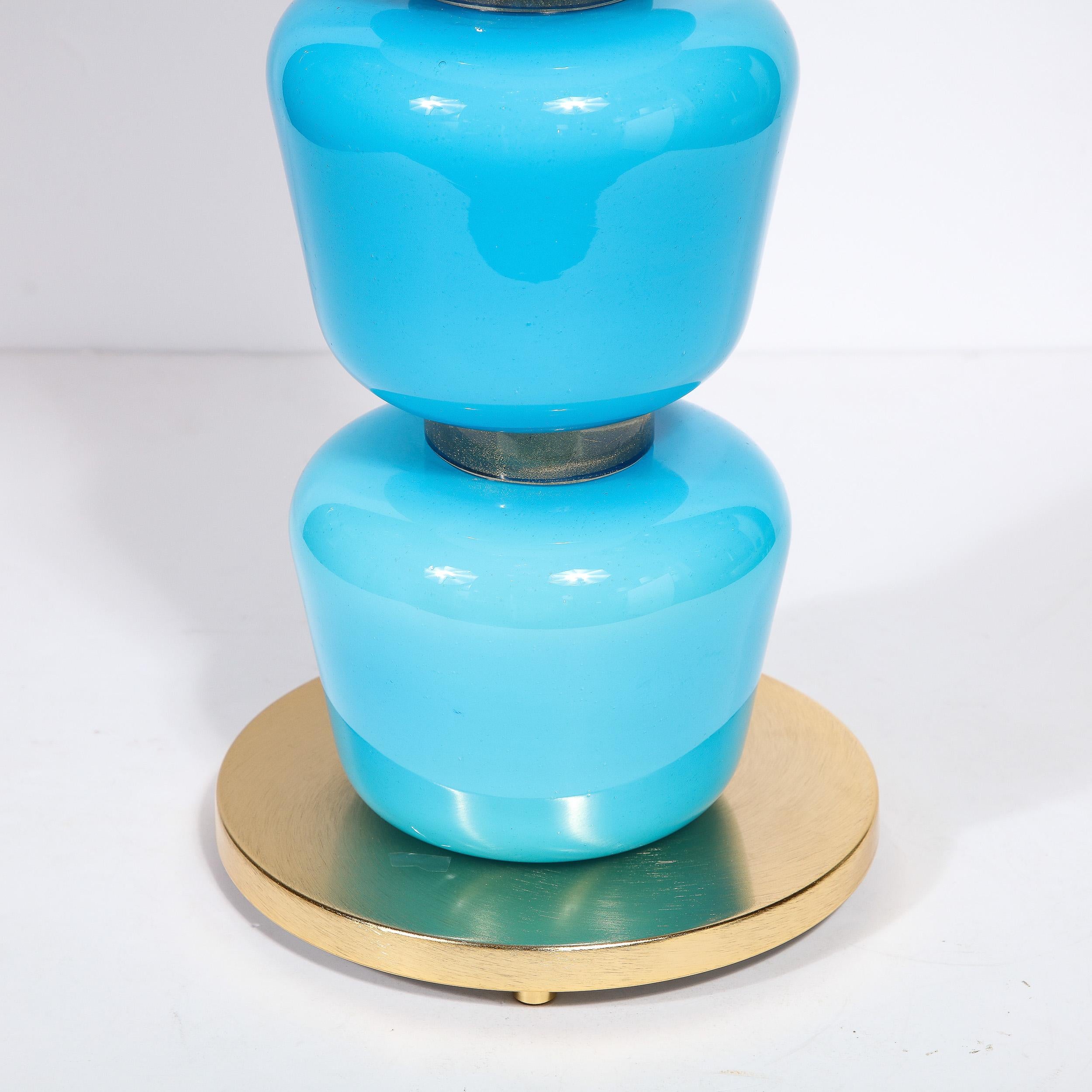 Contemporary Modernist Hand-Blown Murano Glass Table Lamps in Cyan Blue with 24K Gold Flecks For Sale