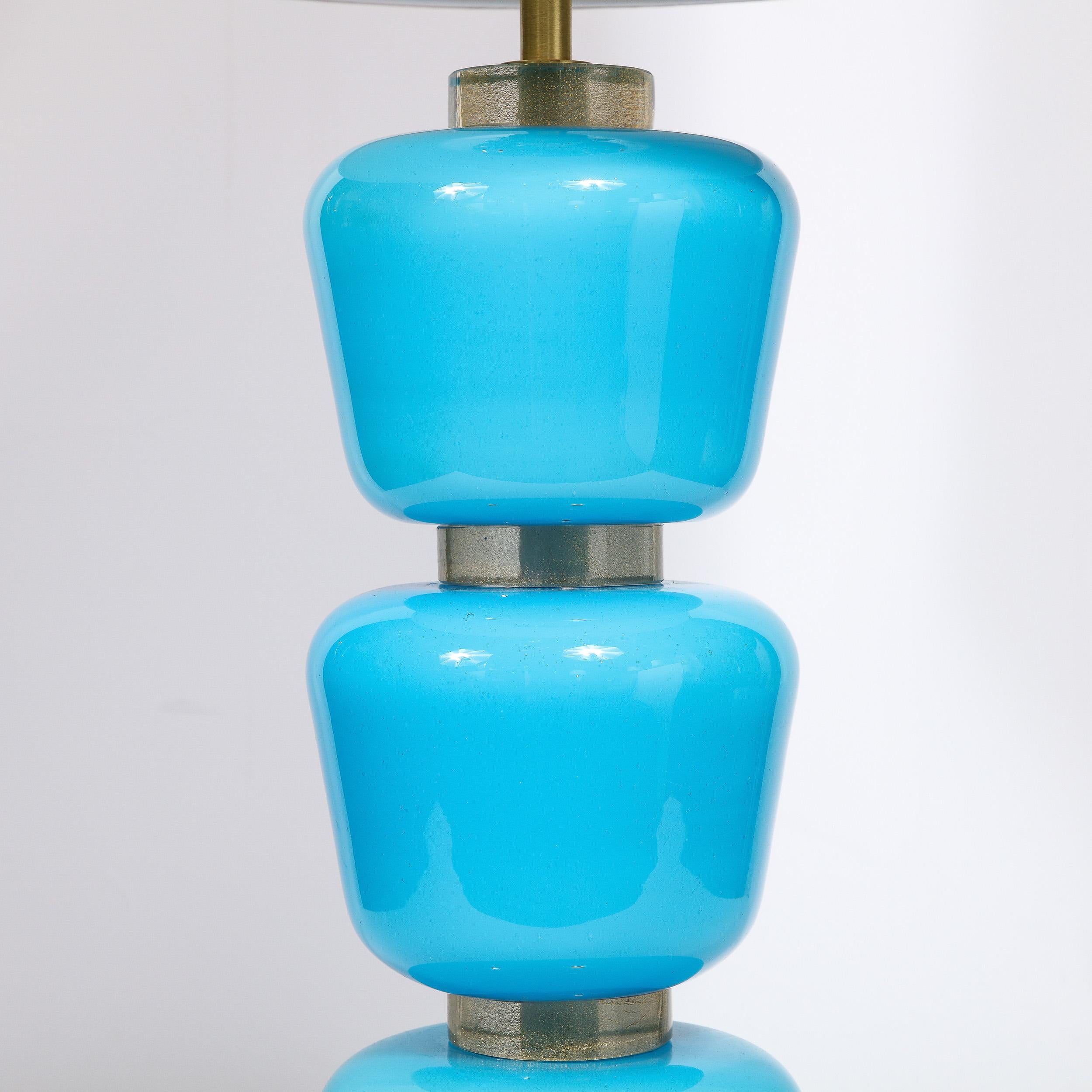 Modernist Hand-Blown Murano Glass Table Lamps in Cyan Blue with 24K Gold Flecks For Sale 1