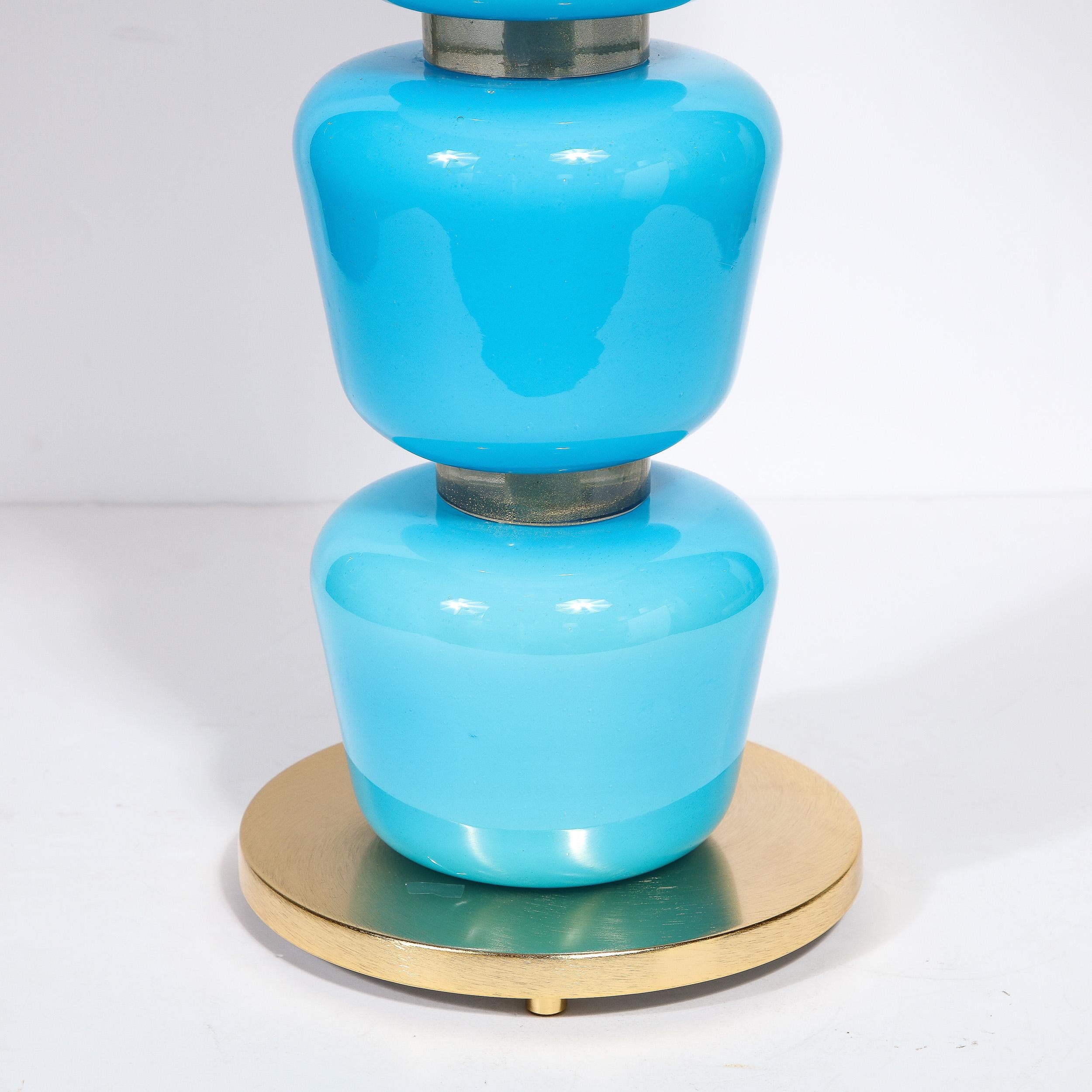 Modernist Hand-Blown Murano Glass Table Lamps in Cyan Blue with 24K Gold Flecks For Sale 2