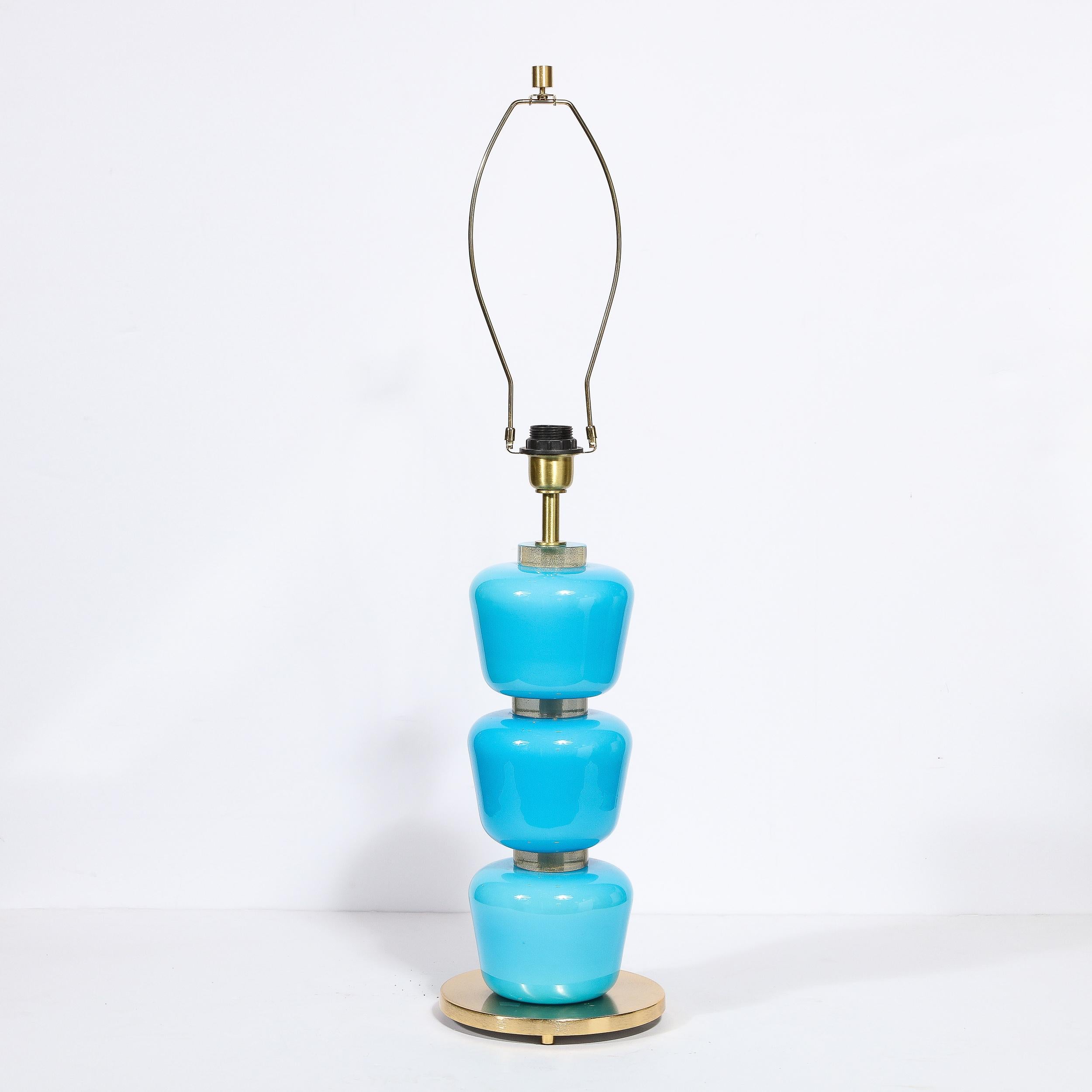 Modernist Hand-Blown Murano Glass Table Lamps in Cyan Blue with 24K Gold Flecks For Sale 3
