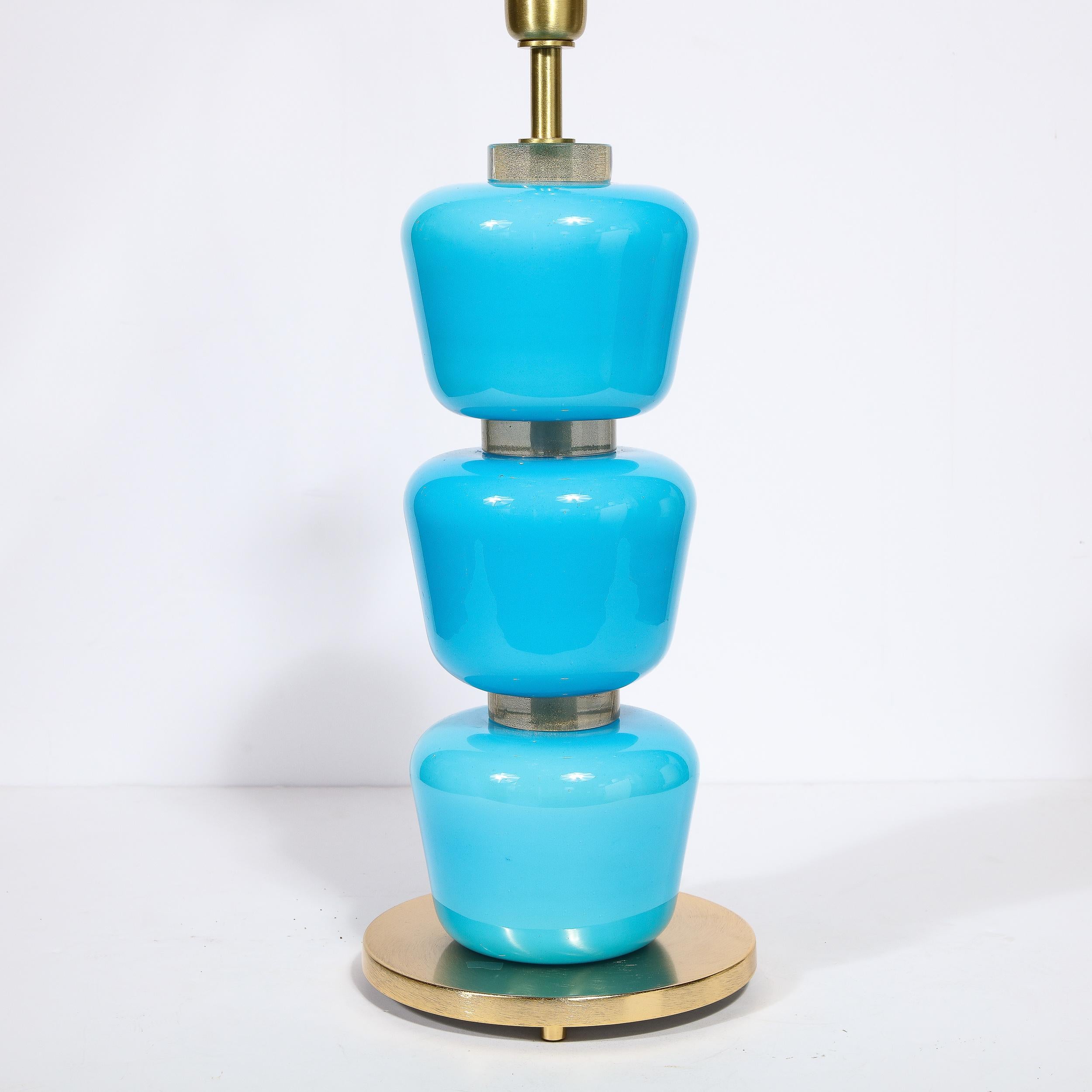 Modernist Hand-Blown Murano Glass Table Lamps in Cyan Blue with 24K Gold Flecks For Sale 4