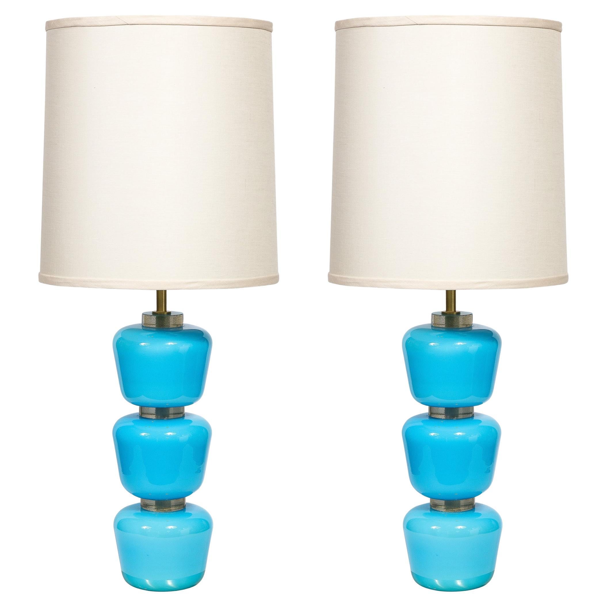 Modernist Hand-Blown Murano Glass Table Lamps in Cyan Blue with 24K Gold Flecks